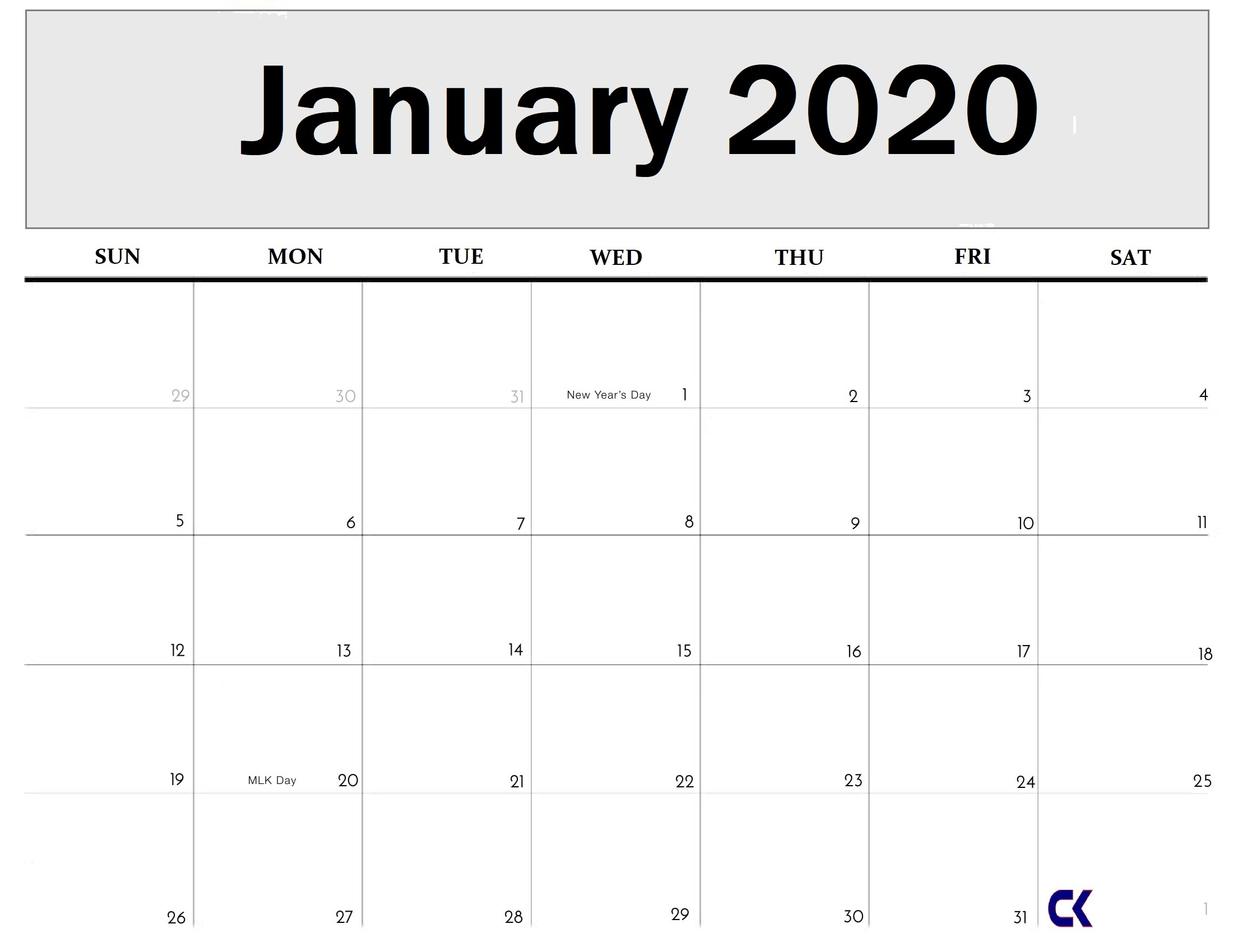 Printable January 2020 Calendar  Calendarkart with regard to Free Printable 5 Day Monthly Calendar 2020