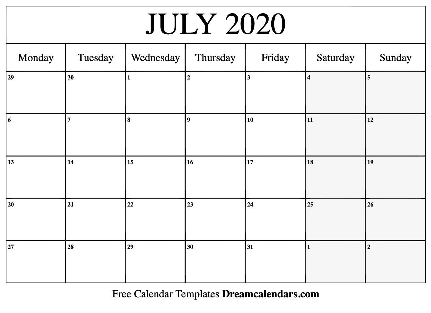 Printable July 2020 Calendar – Monthly Template Download pertaining to Kindergarten Monthly Calendar Printable