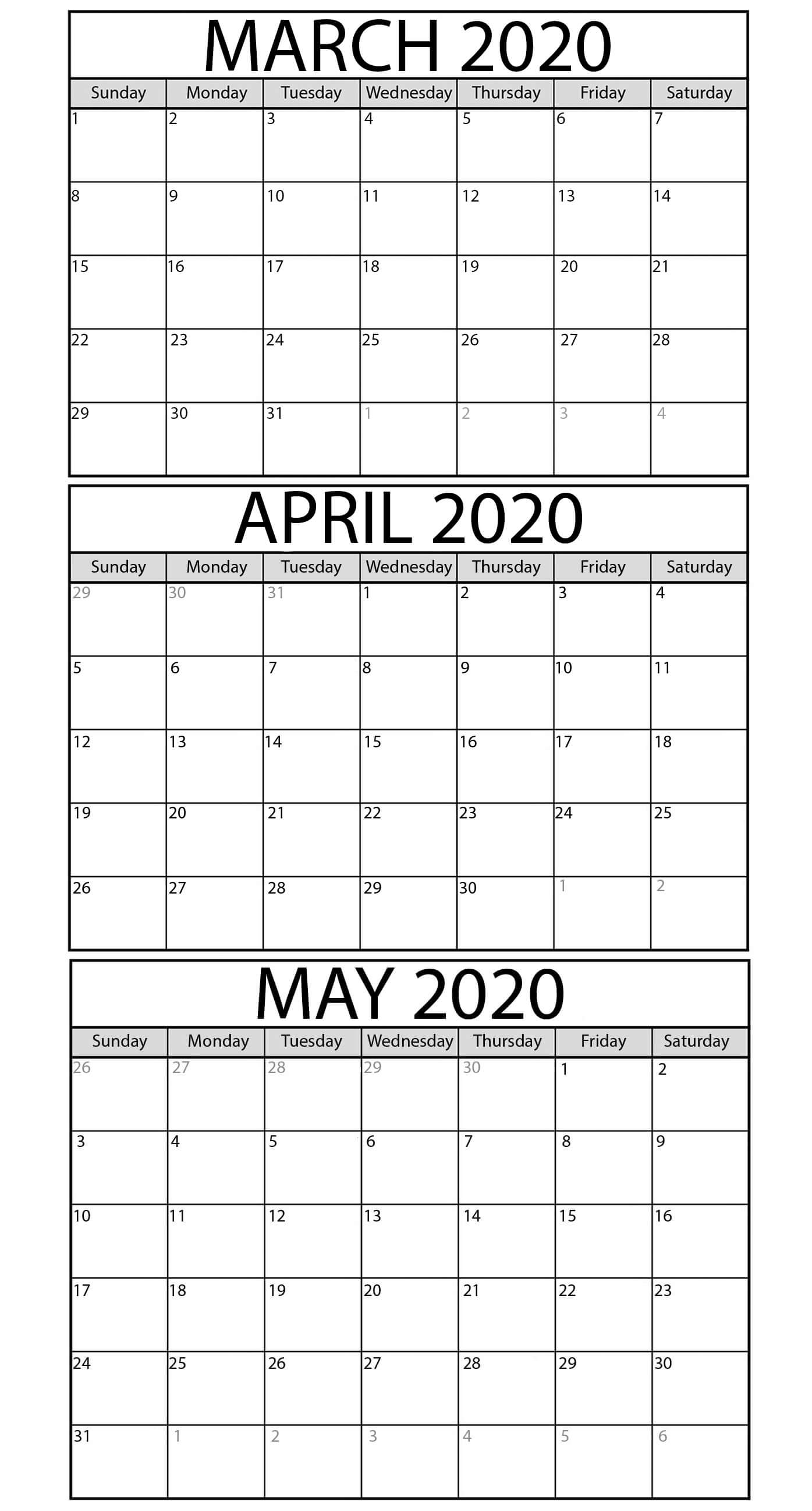 Printable March To May 2020 Calendar Templates  2019 regarding 3 Month Calendar Printable 2020