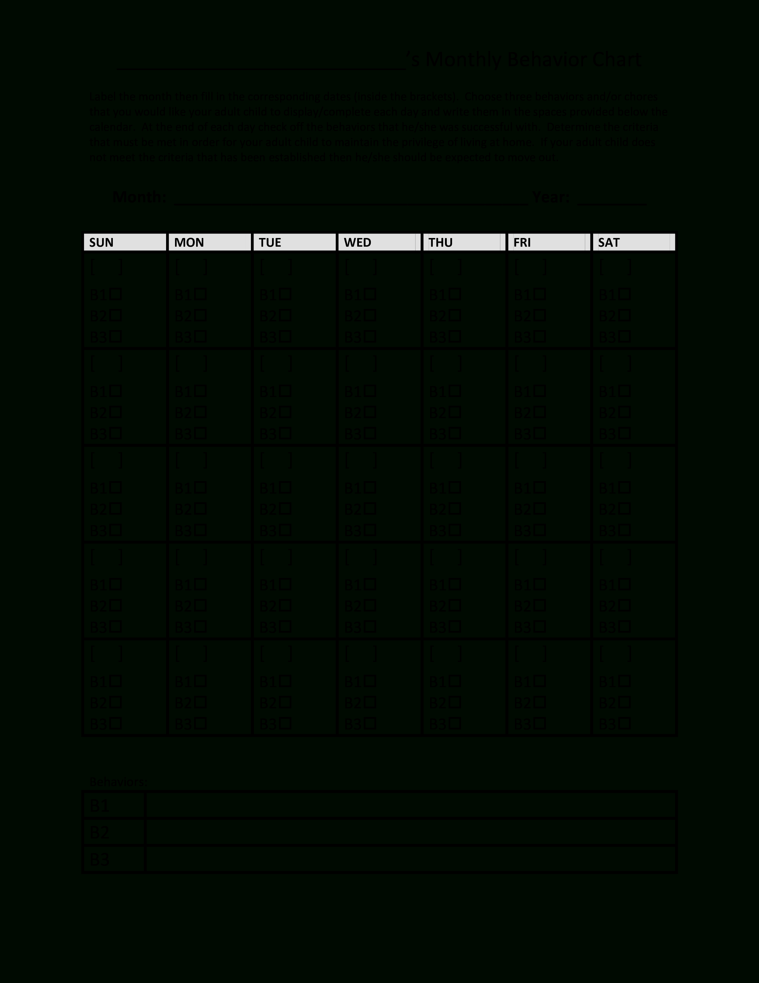 Printable Monthly Behavior Chart | Templates At for Monthly Behavior Charts