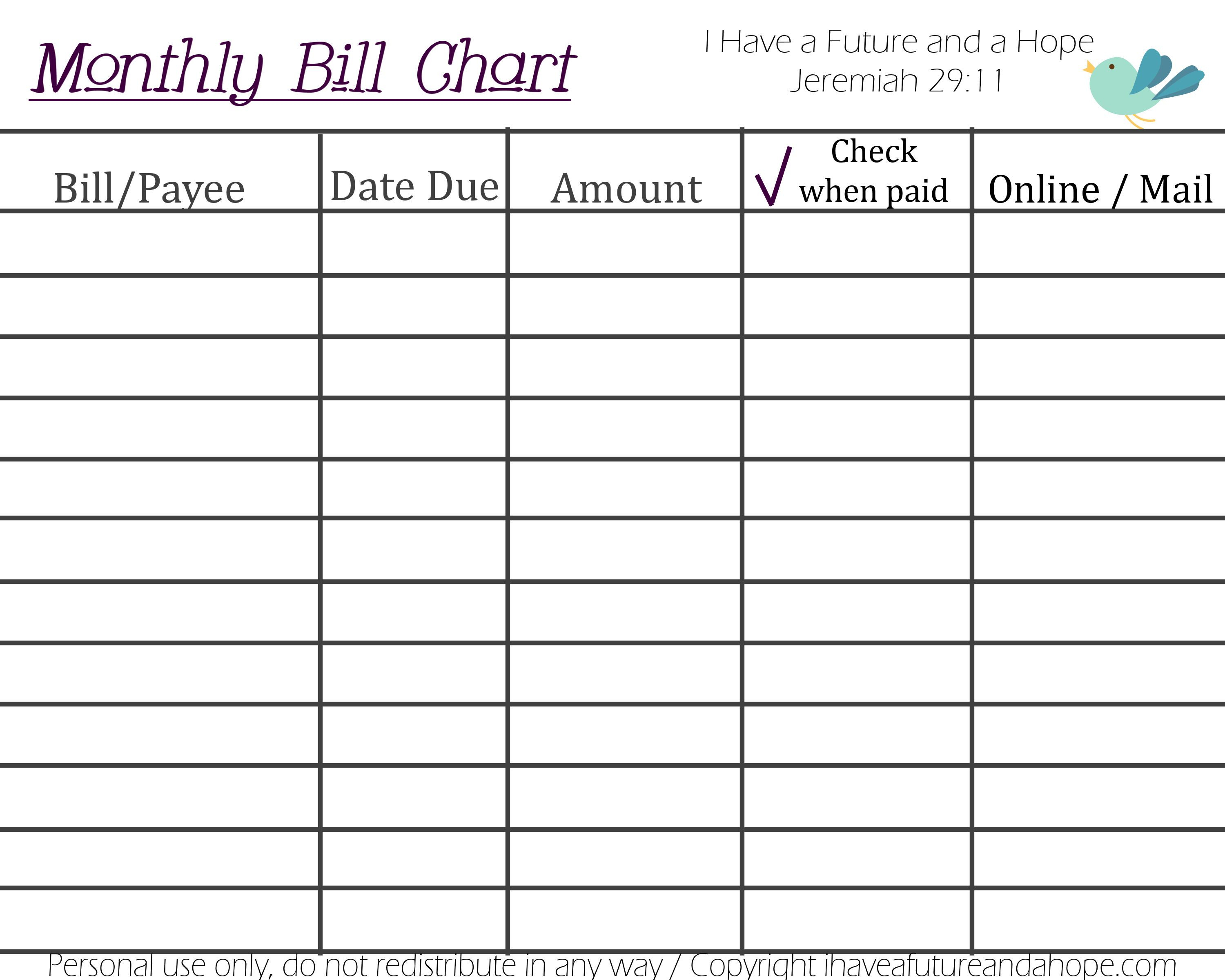 Printable Monthly Bill Chart | Paying Bills, Budget in Printable Monthly Bill Chart