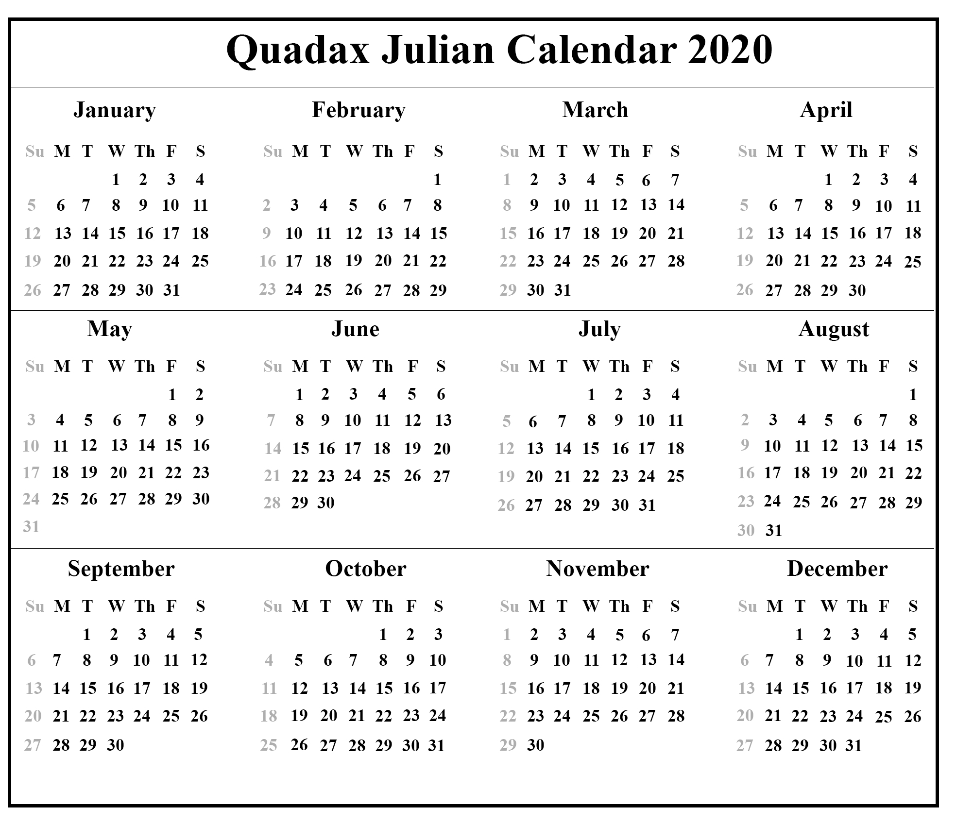 Quadax 2020 Julian Calendar ⋆ Calendar for Planning