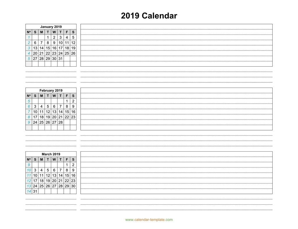 Quarterly Calendar 2019 Template, Three Months Per Page Free throughout Calendar 3 Months Per Page