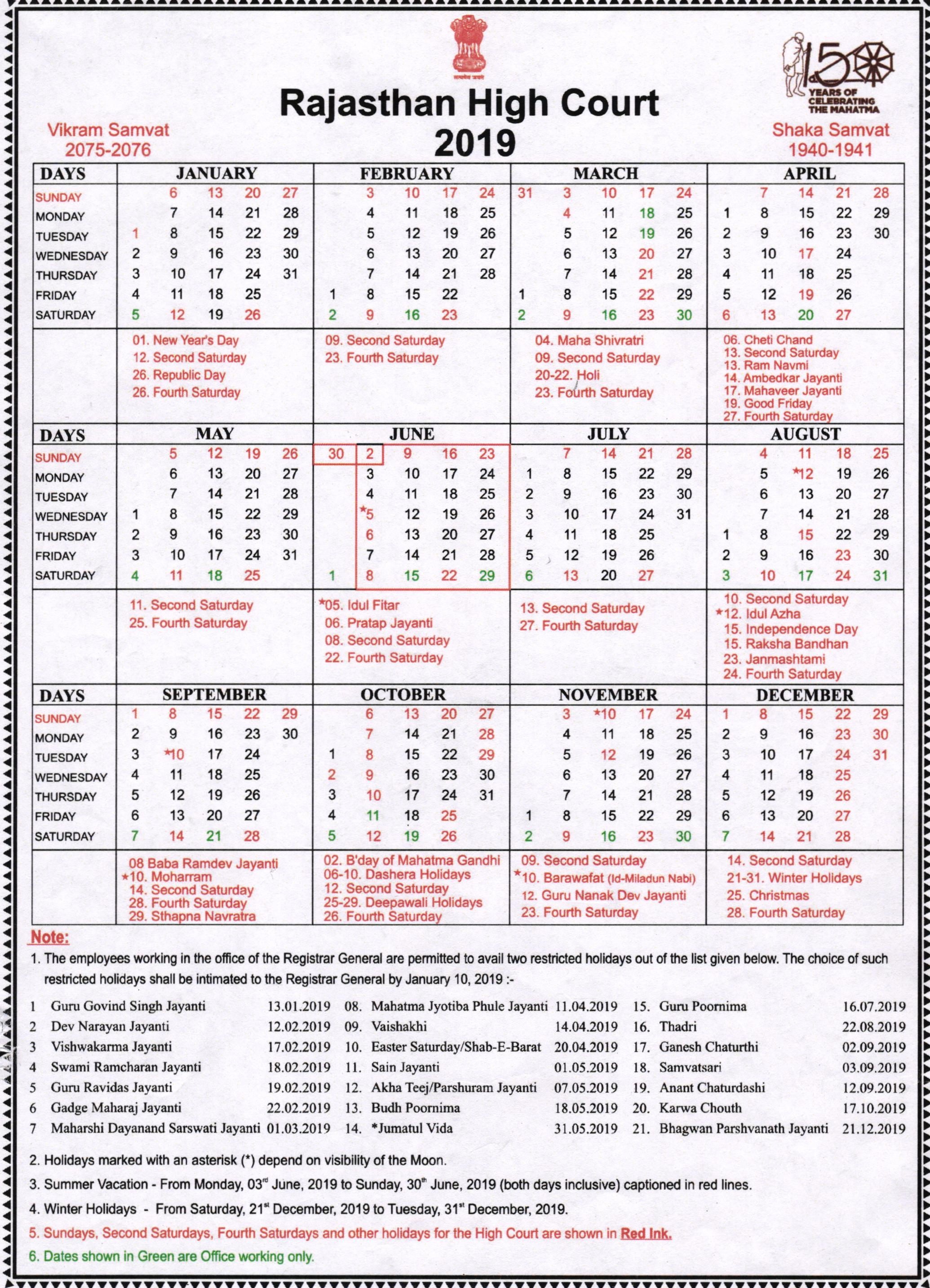 Rajasthan High Court Calendar 2019 throughout Kerala High Court Calendar