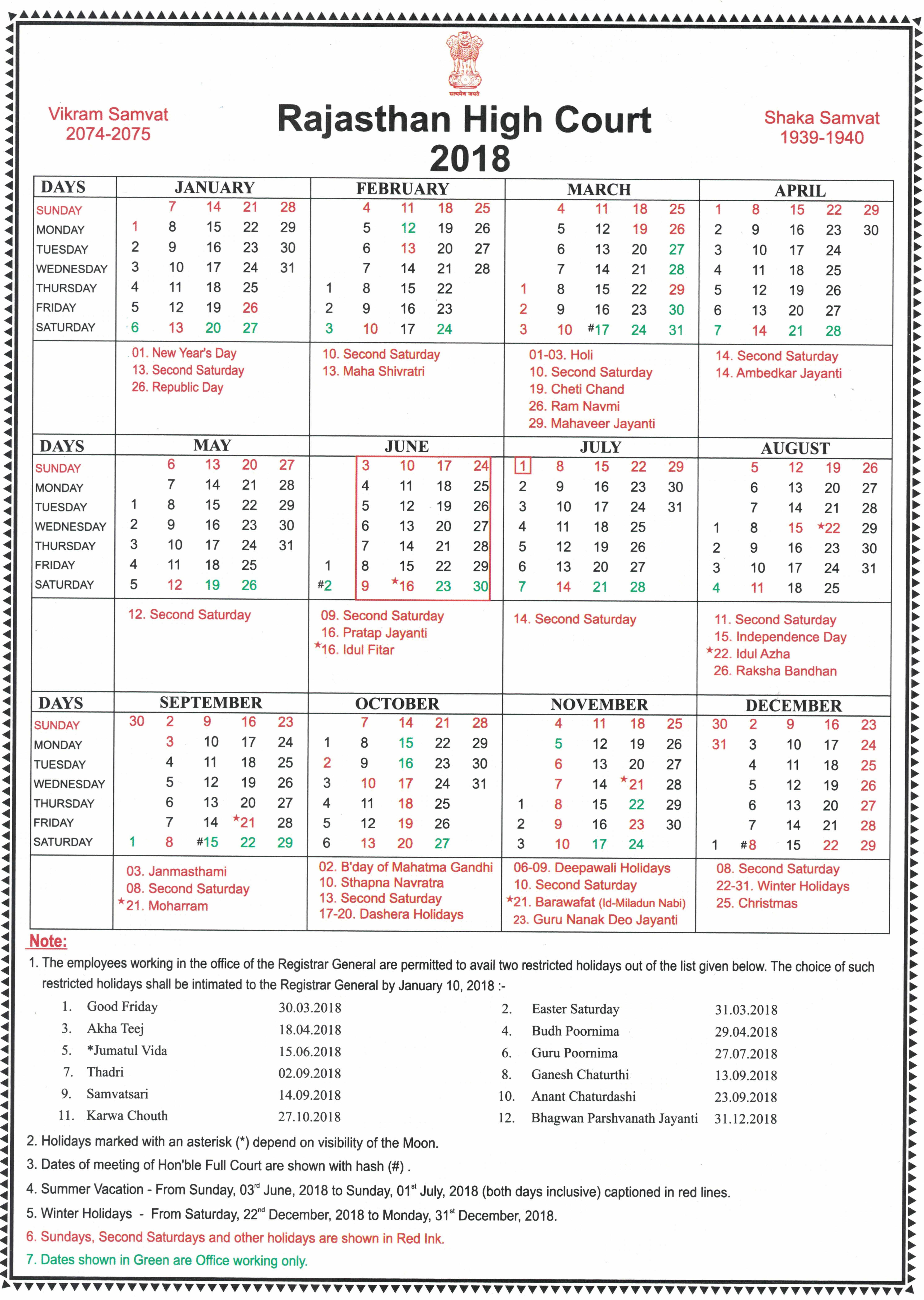 Rajasthan High Court Calendar,2018 within Kerala High Court Calendar