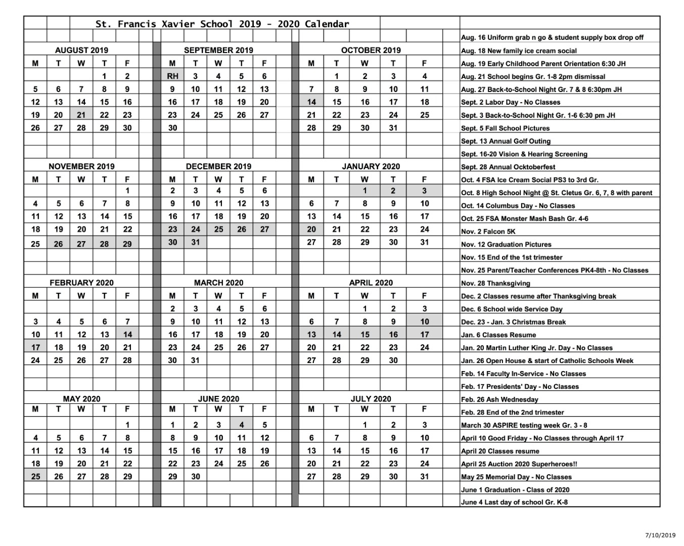 Saint Francis Xavier Parish  20192020 Academic Calendar with Xavier Academic Calendar