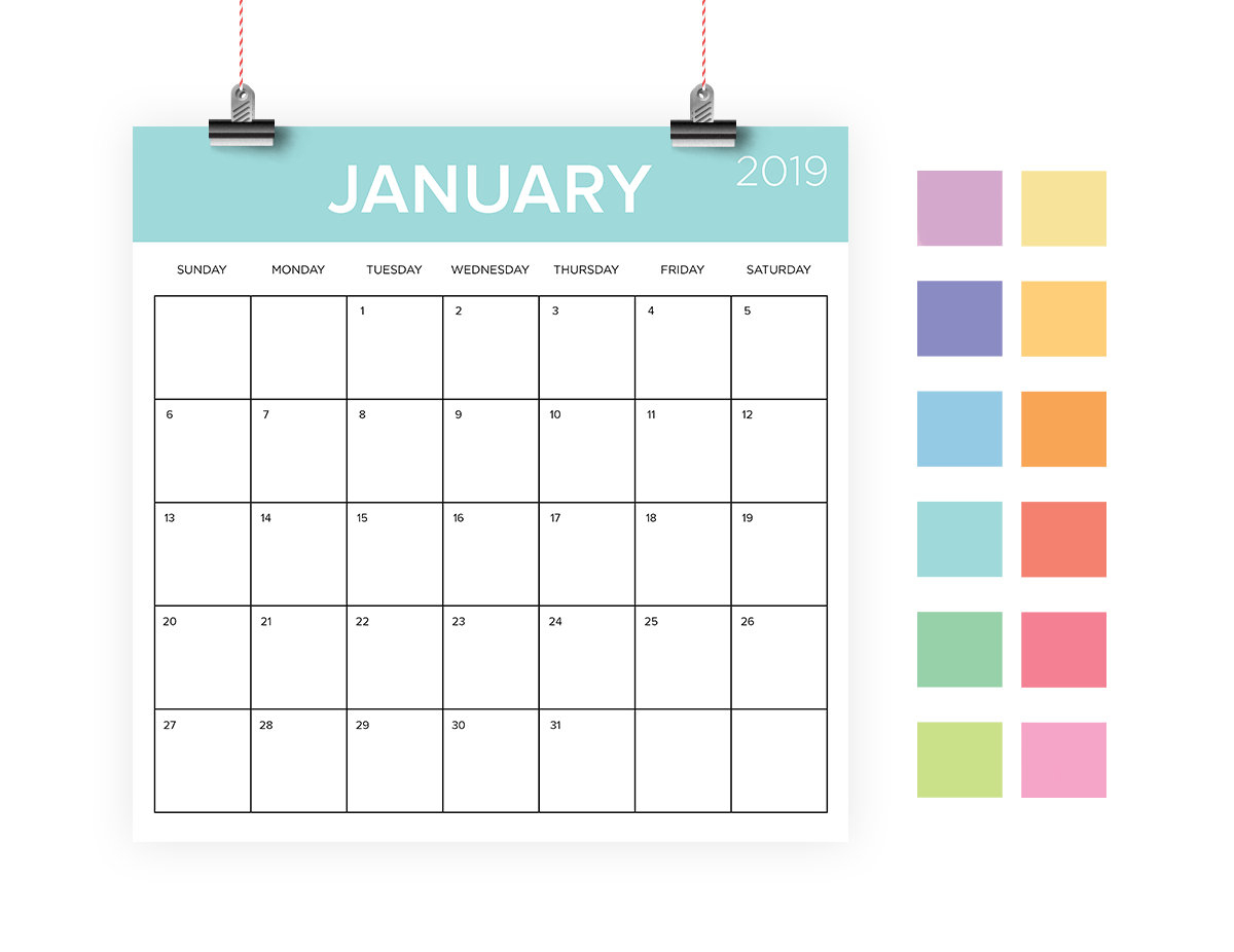 Sale Square 2019 Calendar Template | Instant Download | Color Coded Pastel  Large Monthly Printable Desk Calender | Prints 12 X 12 Inches with 12X12 Calendar Template