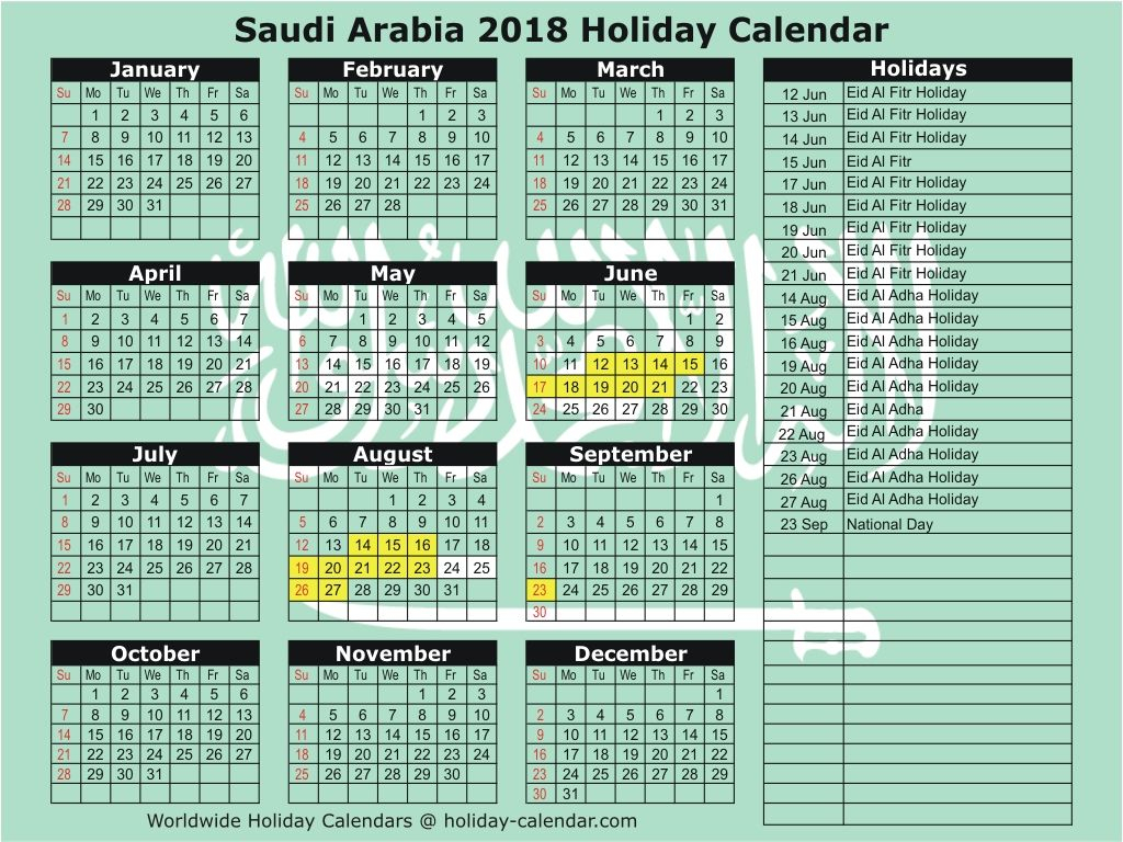 Saudi Arabia 2018 Holiday Calendar | National Day Calendar inside National Day Calendar At A Glance