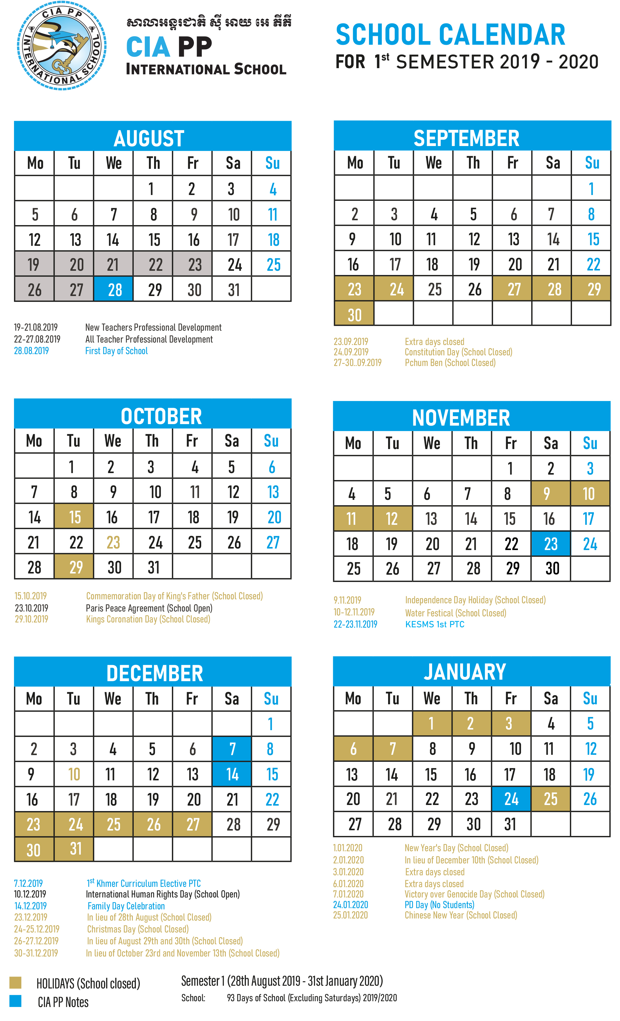 School Calendar in Khmer Calendar 2020 October