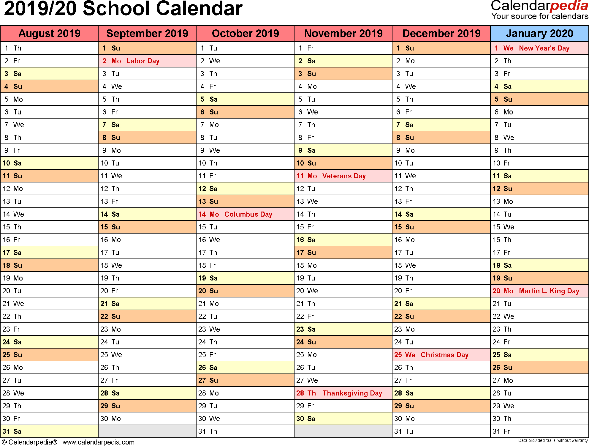 School Calendars 20192020  Free Printable Excel Templates within School Terms 2020 South Africa
