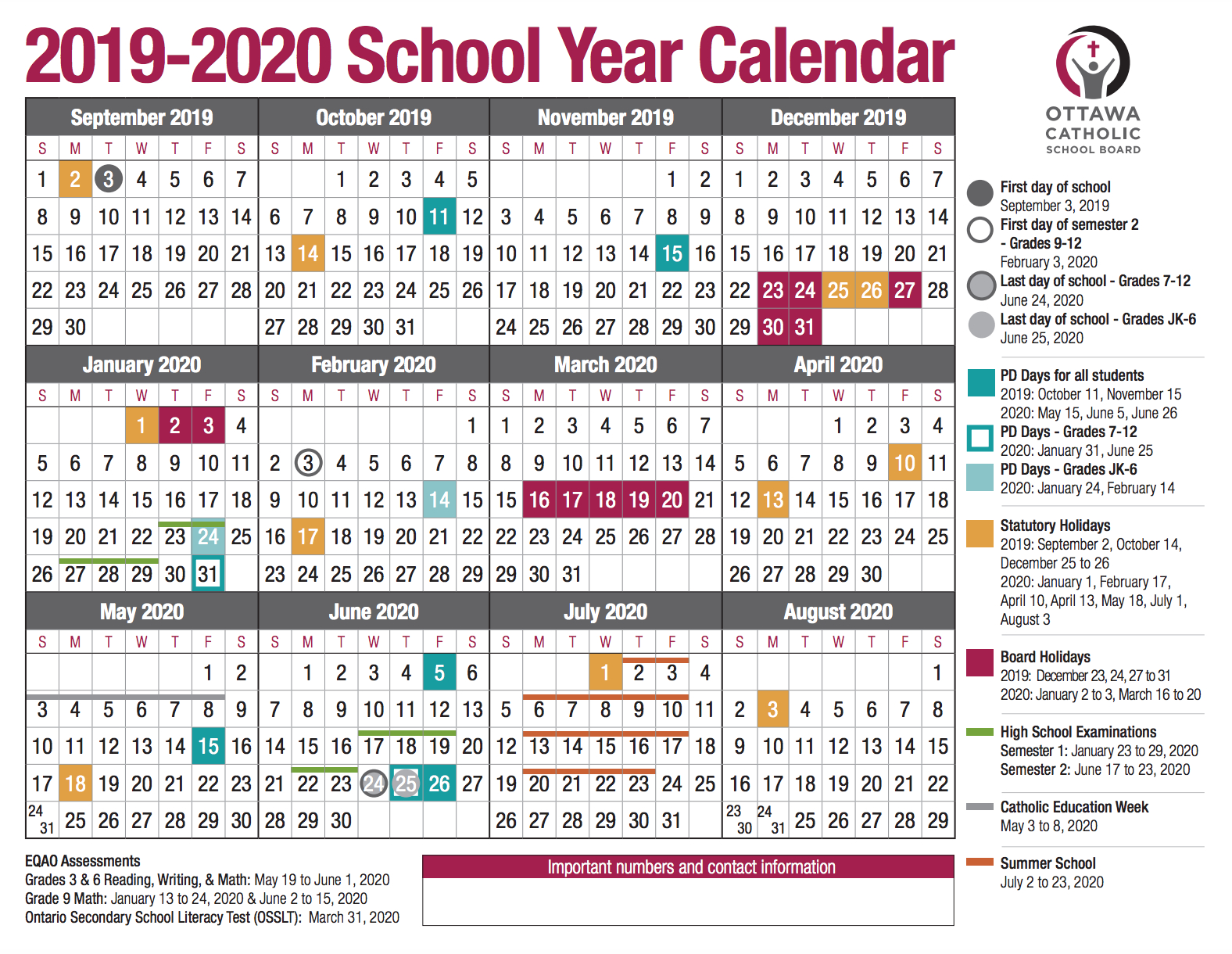 School Year Calendar From The Ocsb within H International School Calendar