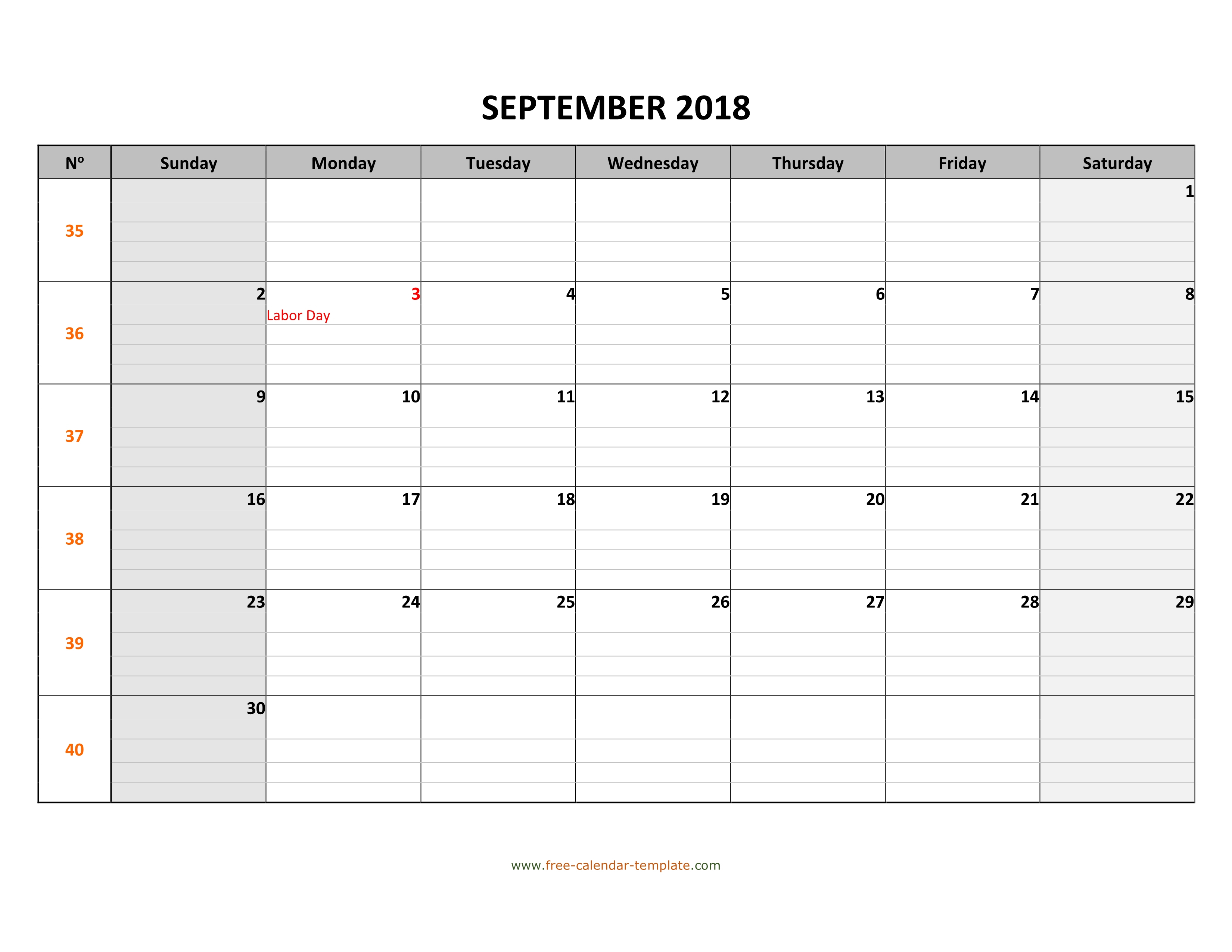 September 2018 Calendar Free Printable With Grid Lines in Blank Calendar With Lines