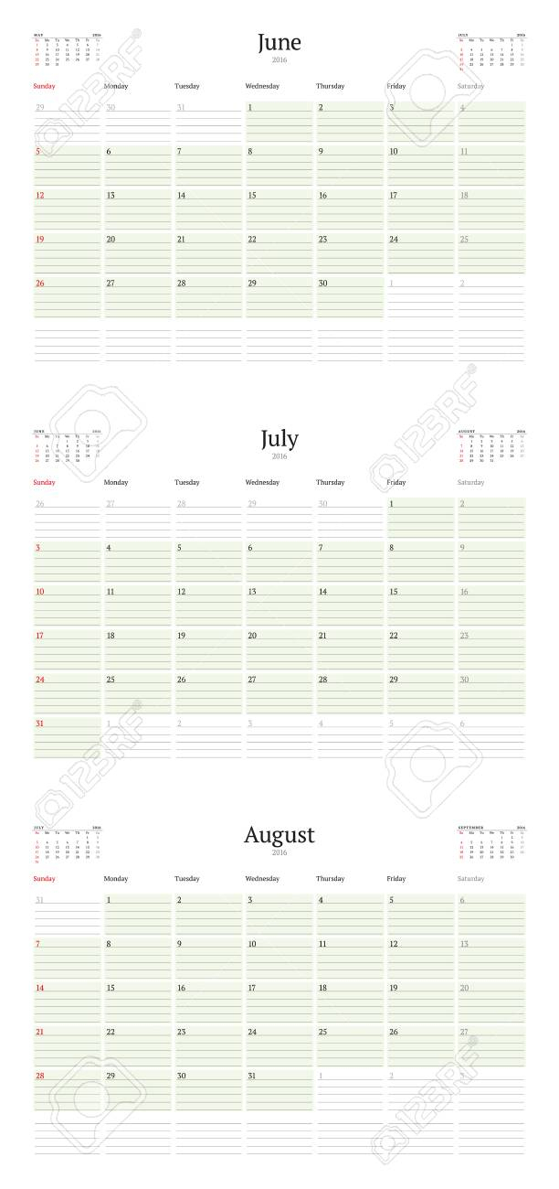 Set Of Calendar Templates For June, July, August 2016. Week Starts.. with July August 2016 Calendar