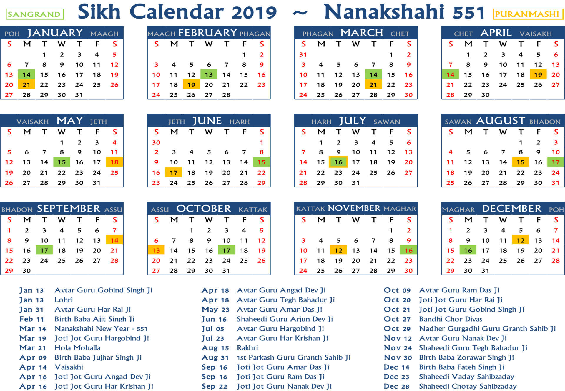 Sikh Jantri 2019  Sikh Nanakshahi Jantri Sgpc Calendar throughout Khalsa Heera Jantri 2020 January