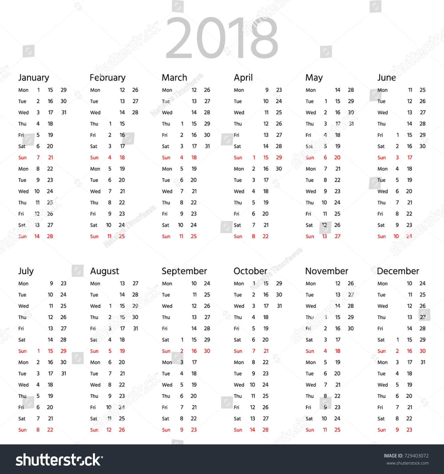 Simple Calendar 2018 Year Two Weeks Stock Vector (Royalty regarding Two Weeks Calendar