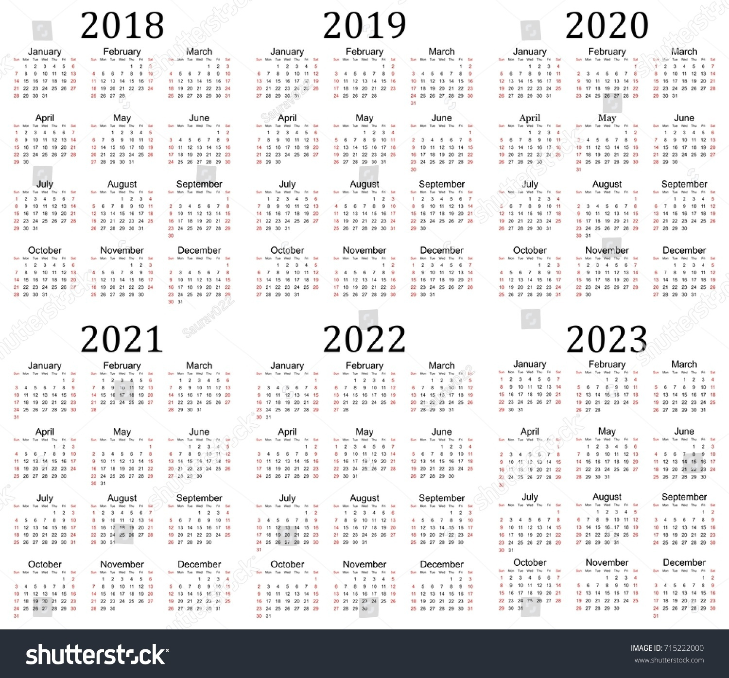 Six Year Calendar 2018 2019 2020 Stock Vector (Royalty Free with regard to Broadcast Calendar 2021