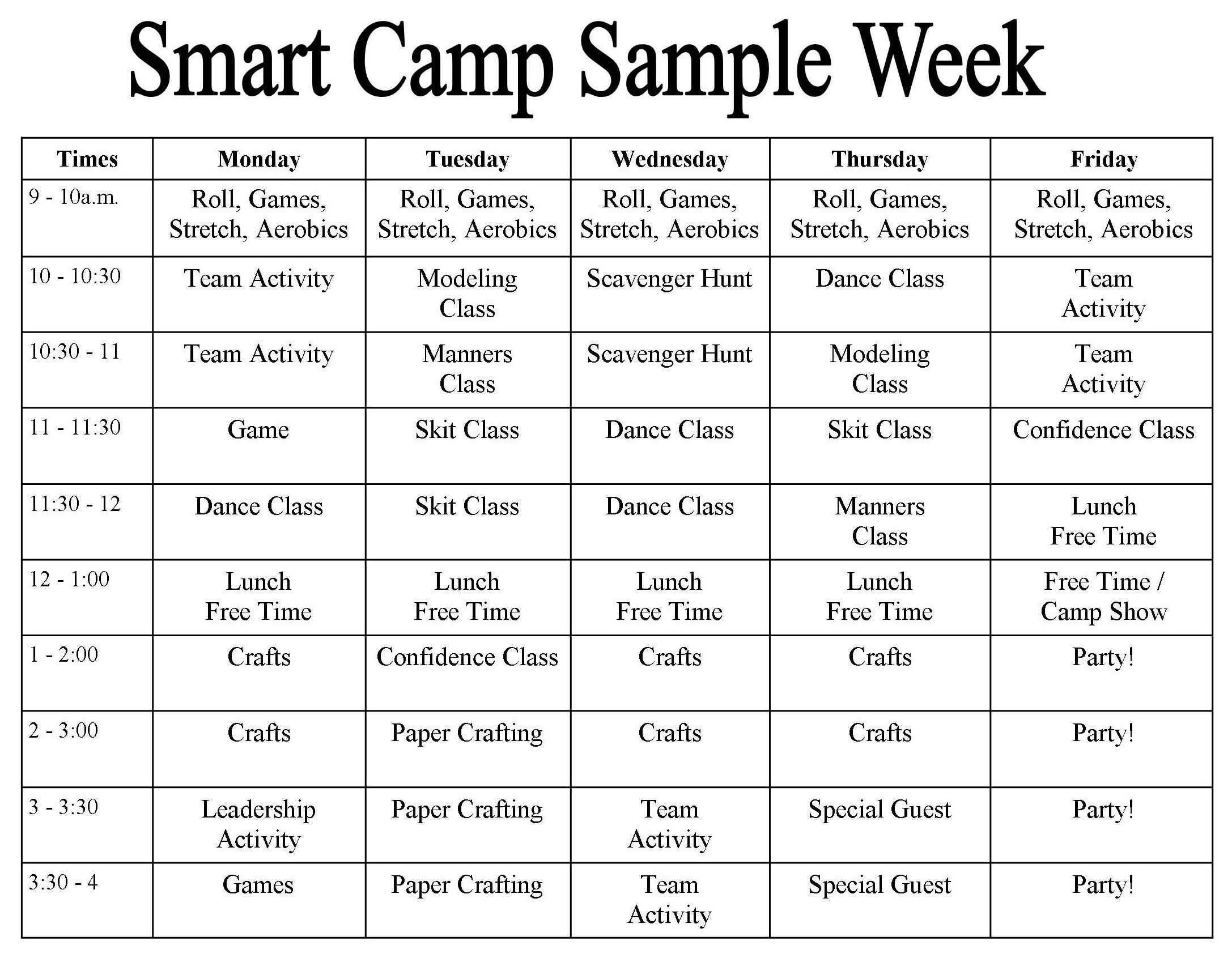 Smart Camp Weekly Sample Classes Grid | Summer Camp inside Camp Schedule Template