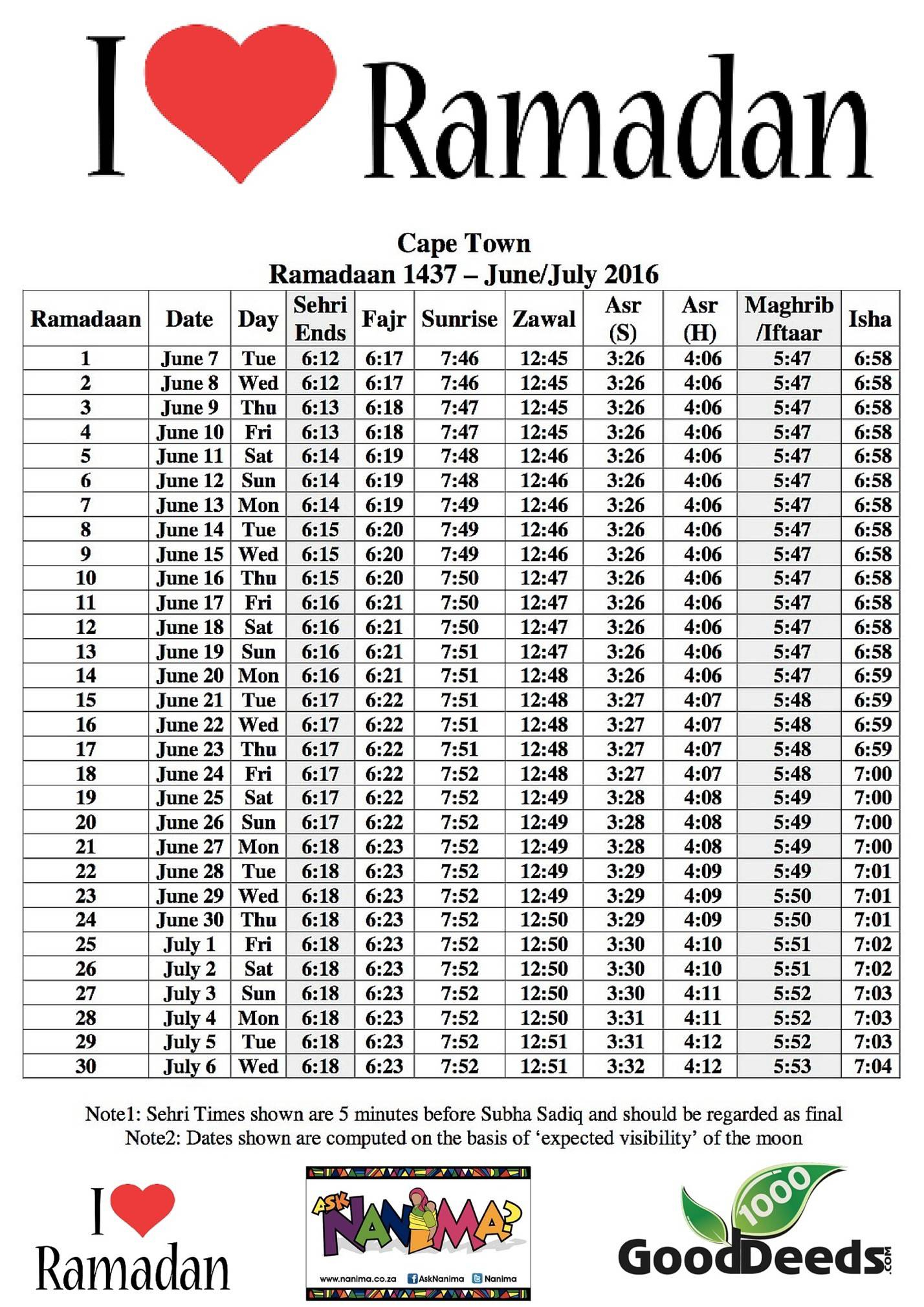 South Africa 2016 Ramadan 1437 Ramadan Timetables – Major with Ramadan Time Table 2015