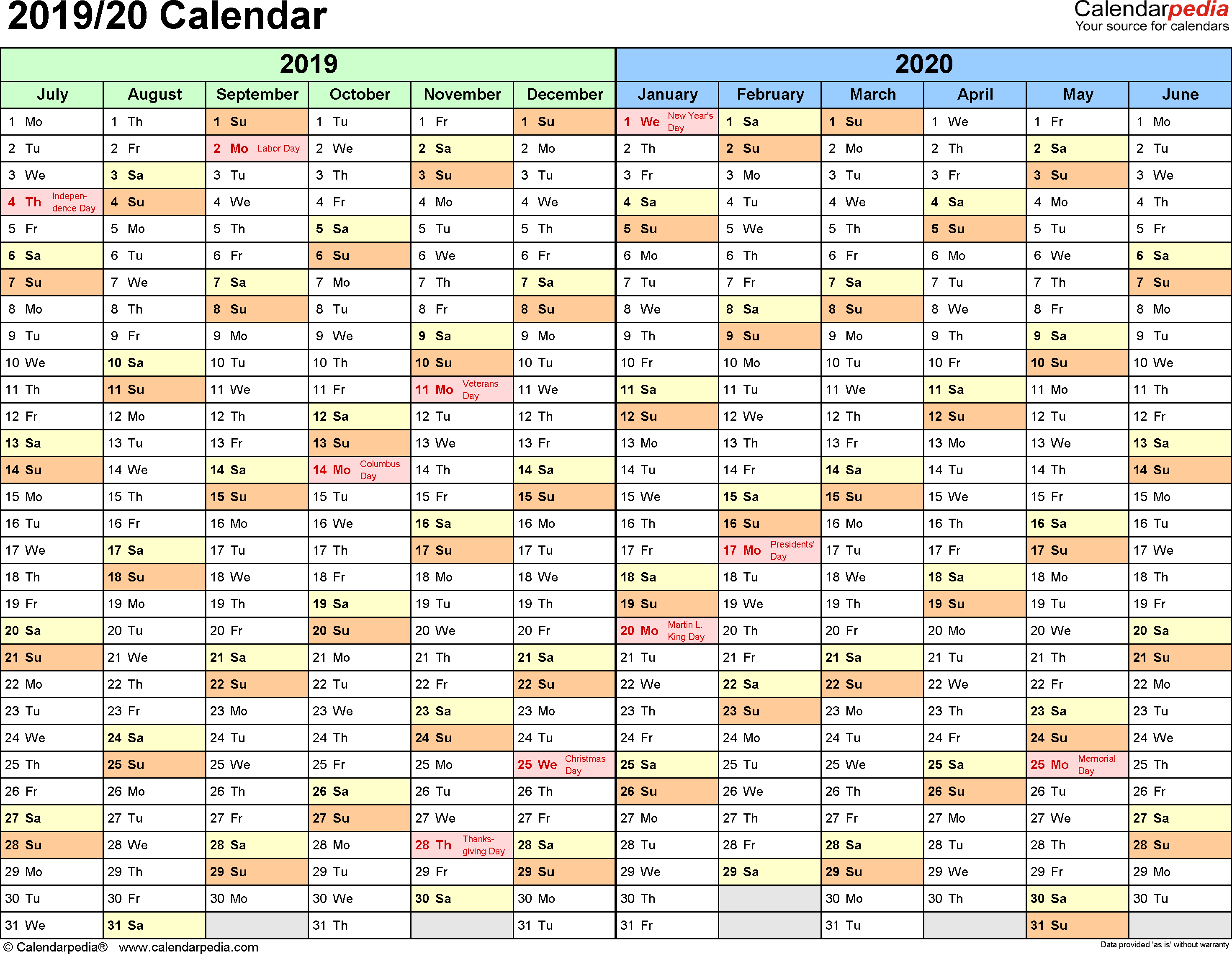 Split Year Calendars 20192020 (July To June)  Excel Templates intended for School Calendar 2020 South Africa Pdf