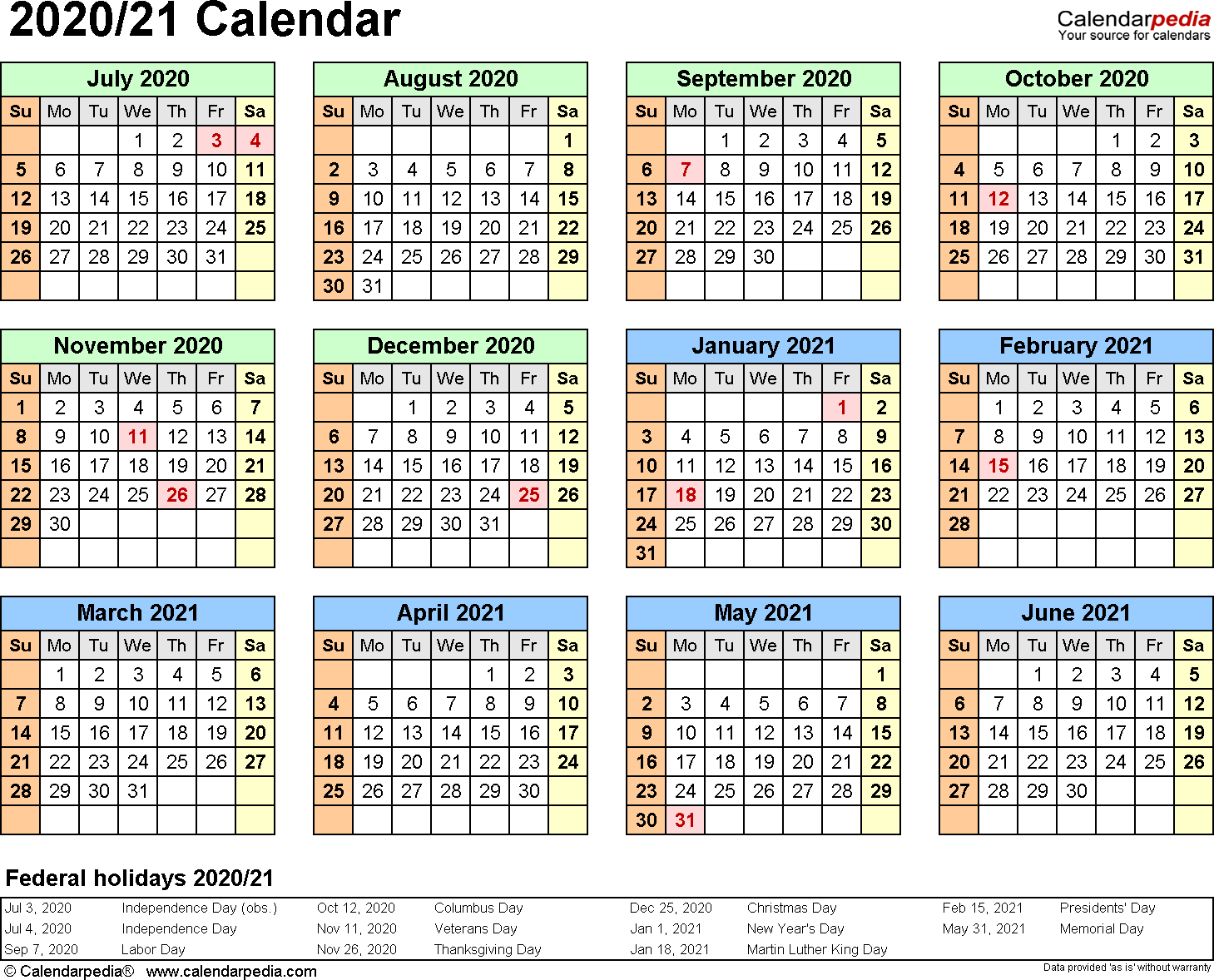 June 2020 To June 2021 Calendar Printable