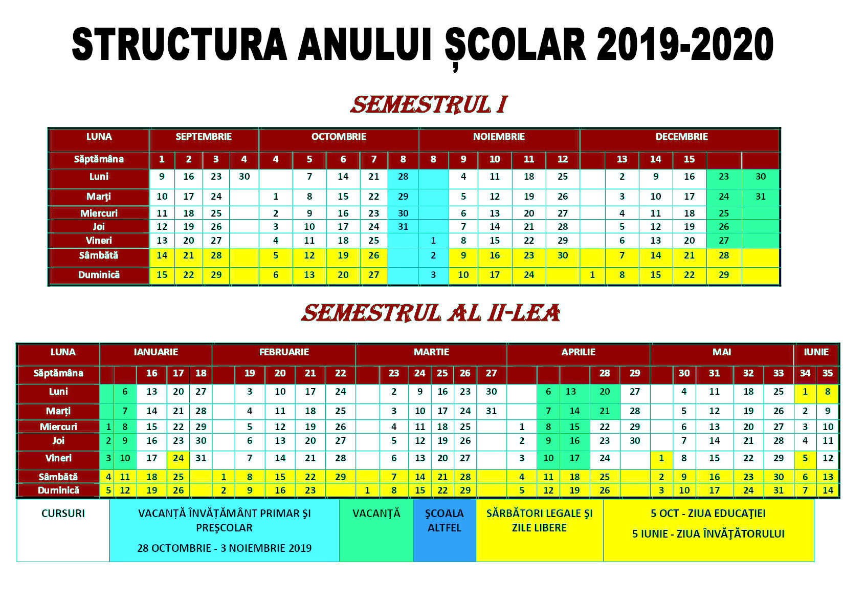 Structura Anului Școlar 20192020 + Calendar  Yve.ro inside Calendar De Frumusete 2020