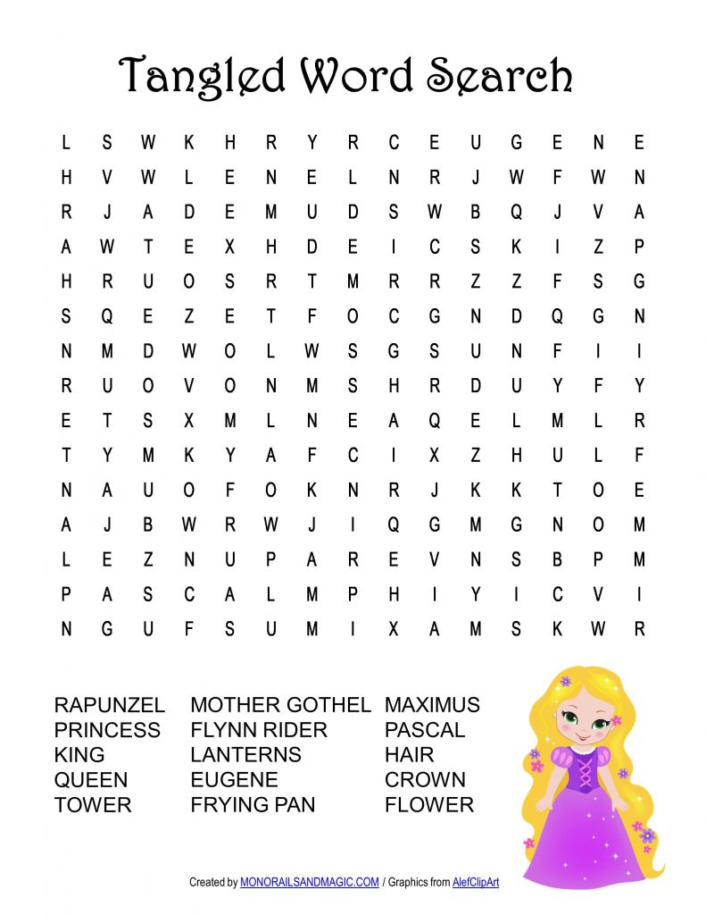 Tangled Word Search Free Printable in Disney Princesses Word Search