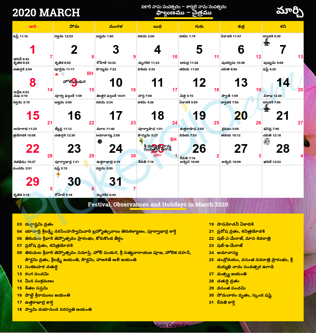 Telugu Calendar 2020, March for Kannada Calendar 2020 July