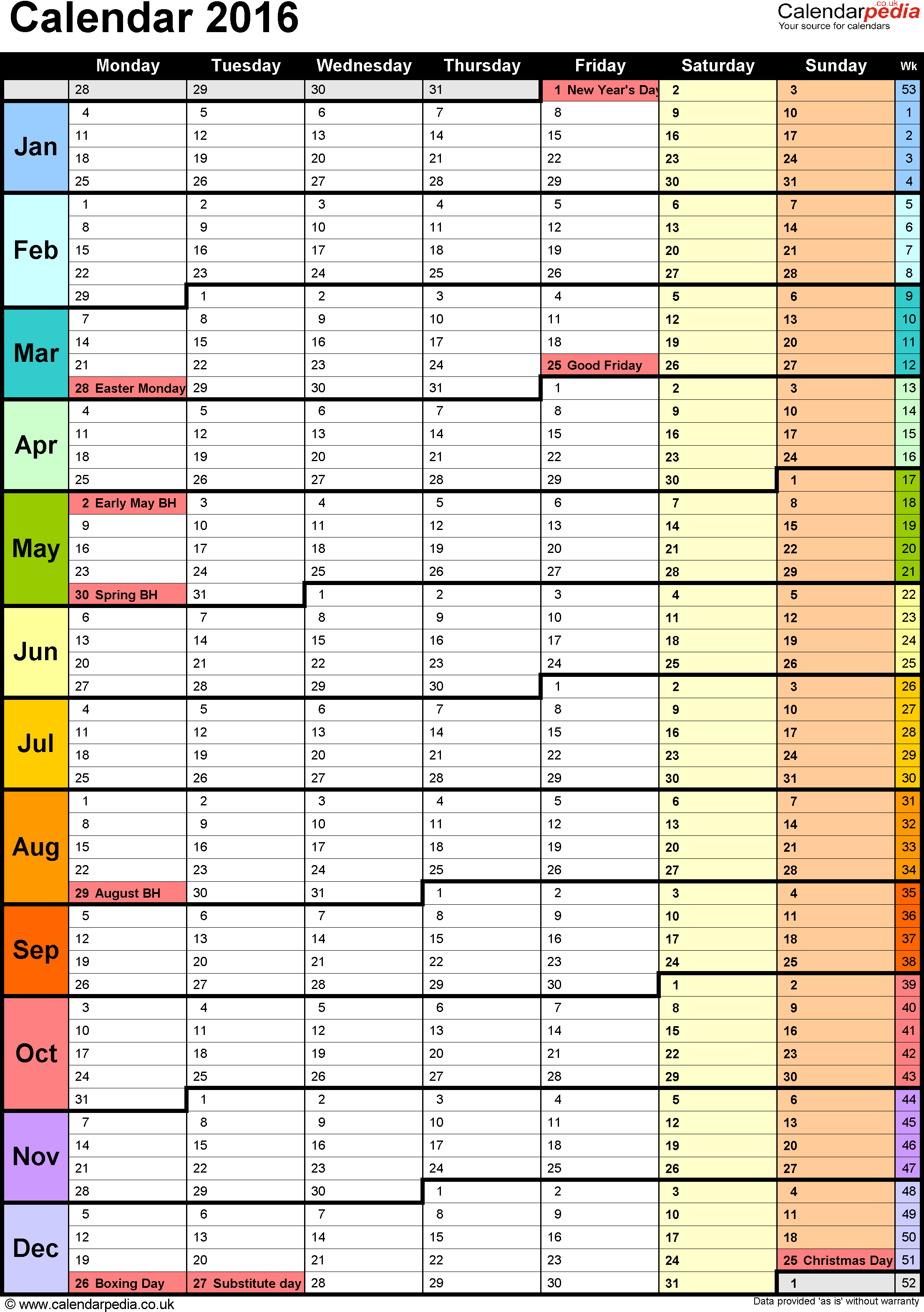 Template 15: Yearly Calendar 2016 As Pdf Template, Portrait throughout Annual Calendar Template Excel