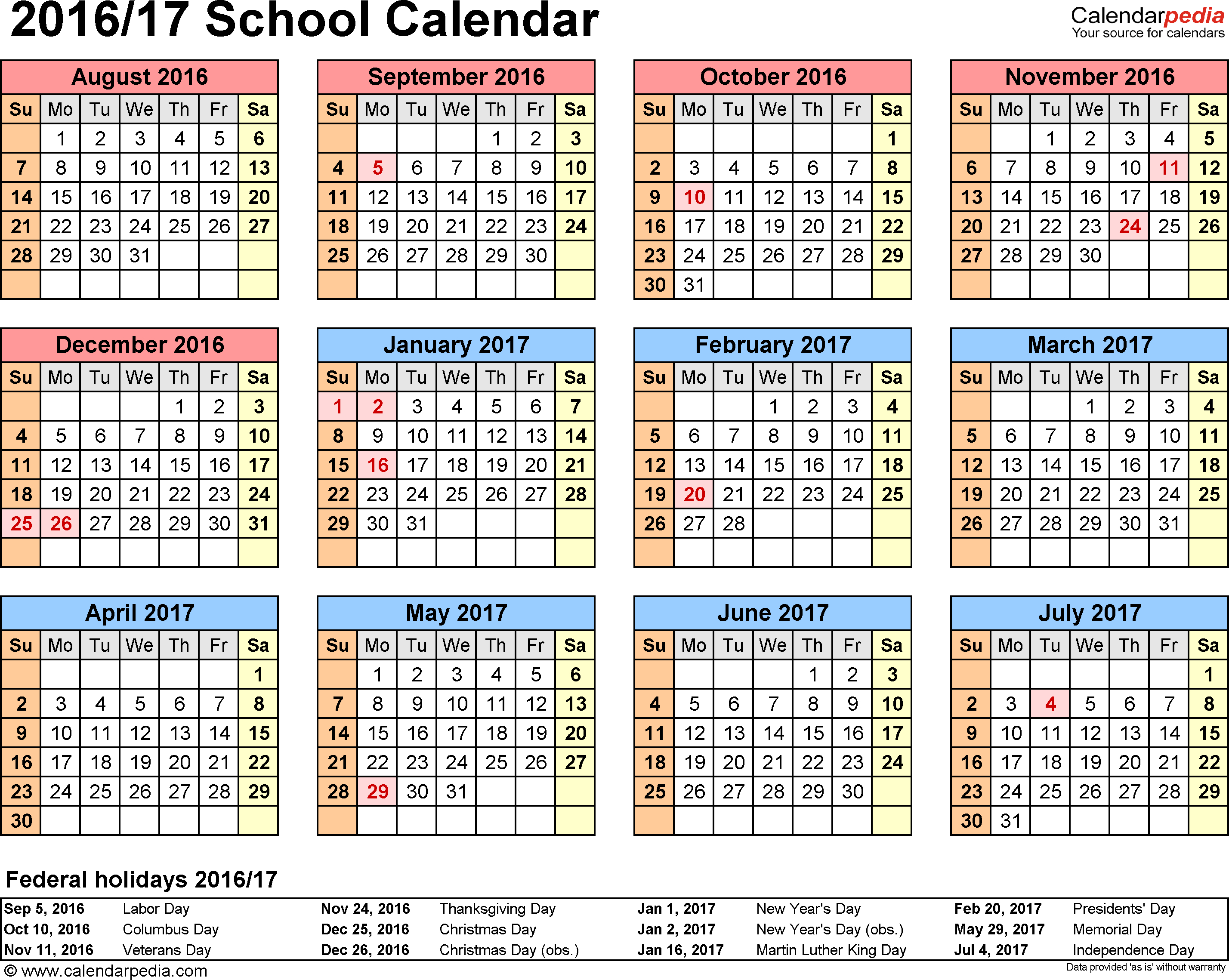 Template 4: School Calendar 201617 For Word, Landscape with regard to 2017 School Calendar South Africa