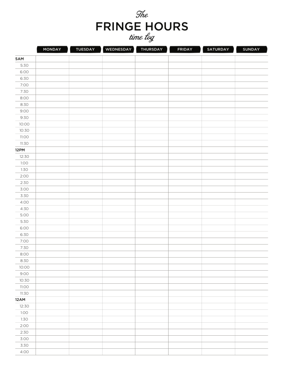 The Fringe Hours: Free Weekly Time Tracker Printable with Weekly Hourly Calendar Template