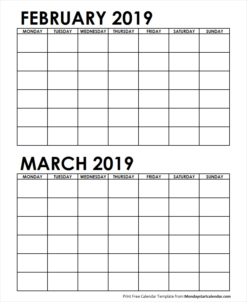 Two Month February March 2019 Calendar Blank Template throughout Blank Two Month Calendar