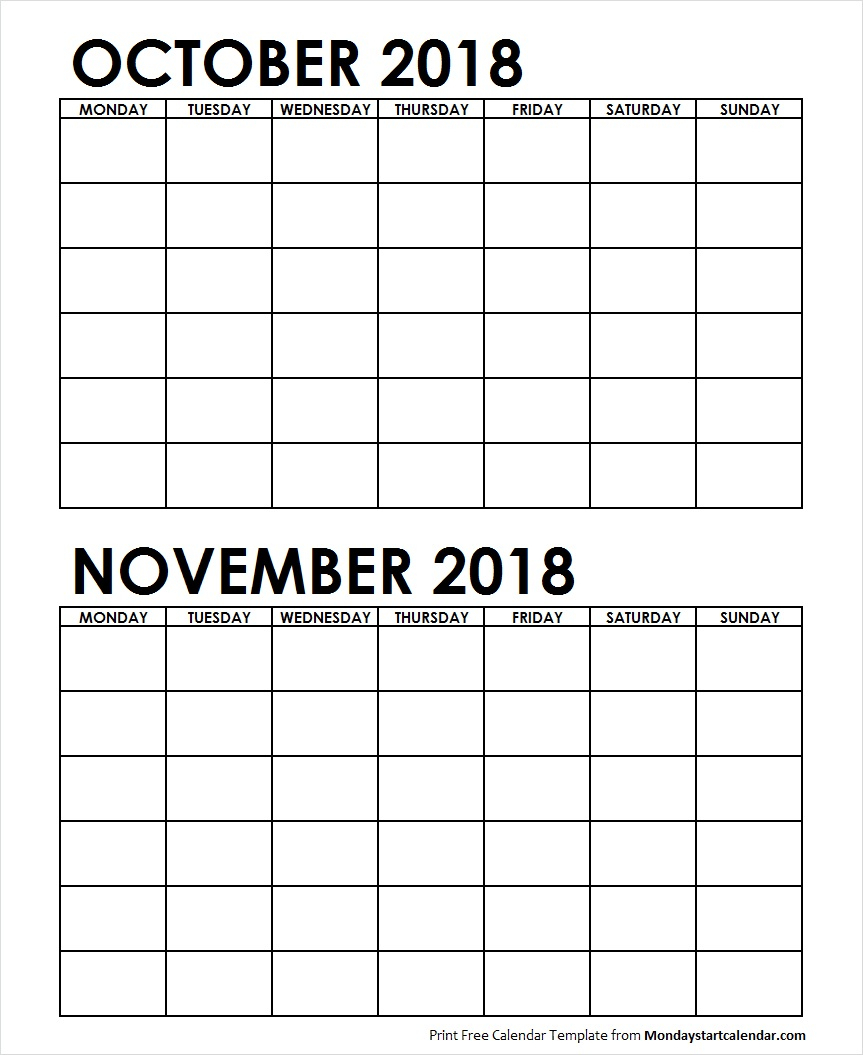 Two Month October November 2018 Calendar Blank Template within Blank 2 Month Calendar