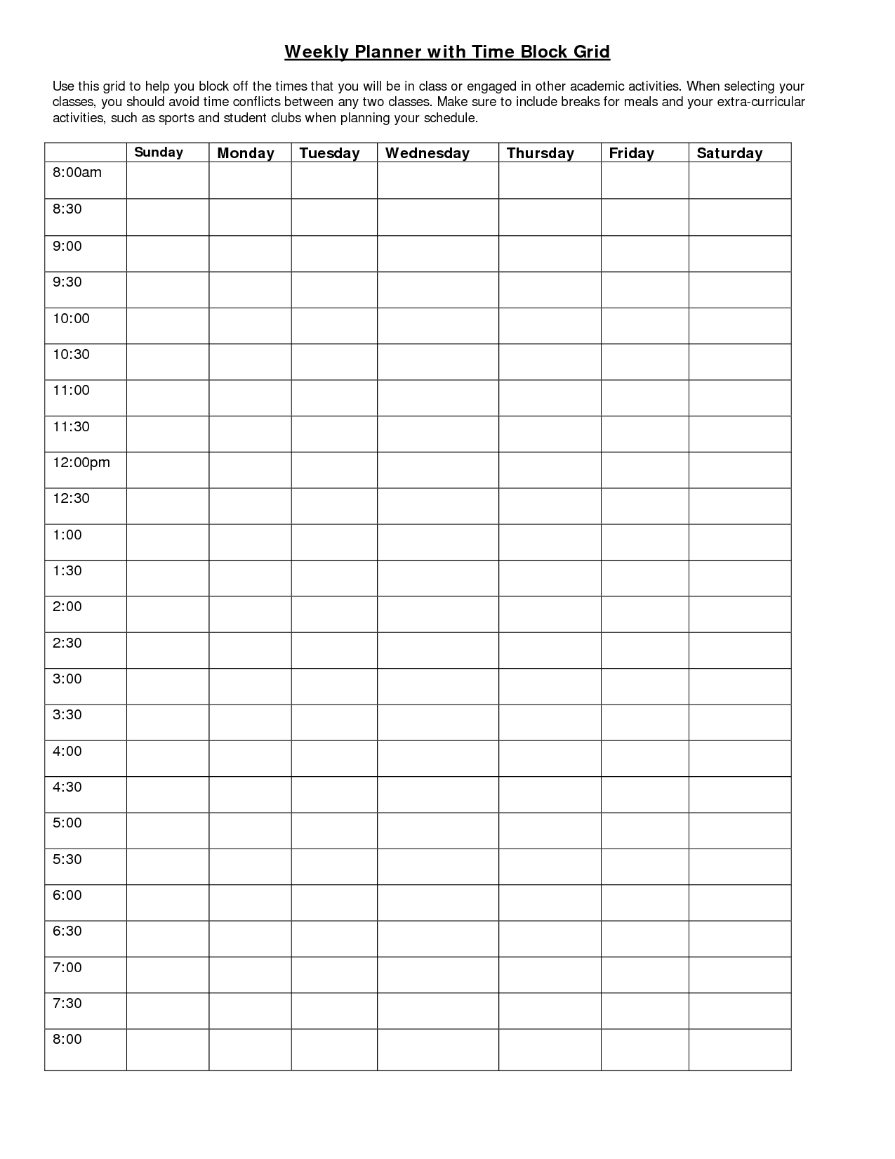 Week Templates With Times | Weekly Planner With Time Block for Weekly Calendar Template With Times