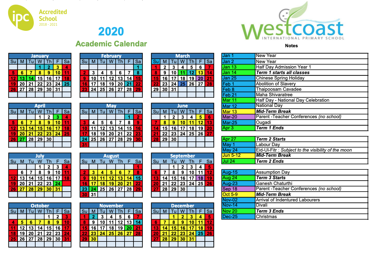 Westcoast International Primary School regarding Mauritius School Calendar 2020