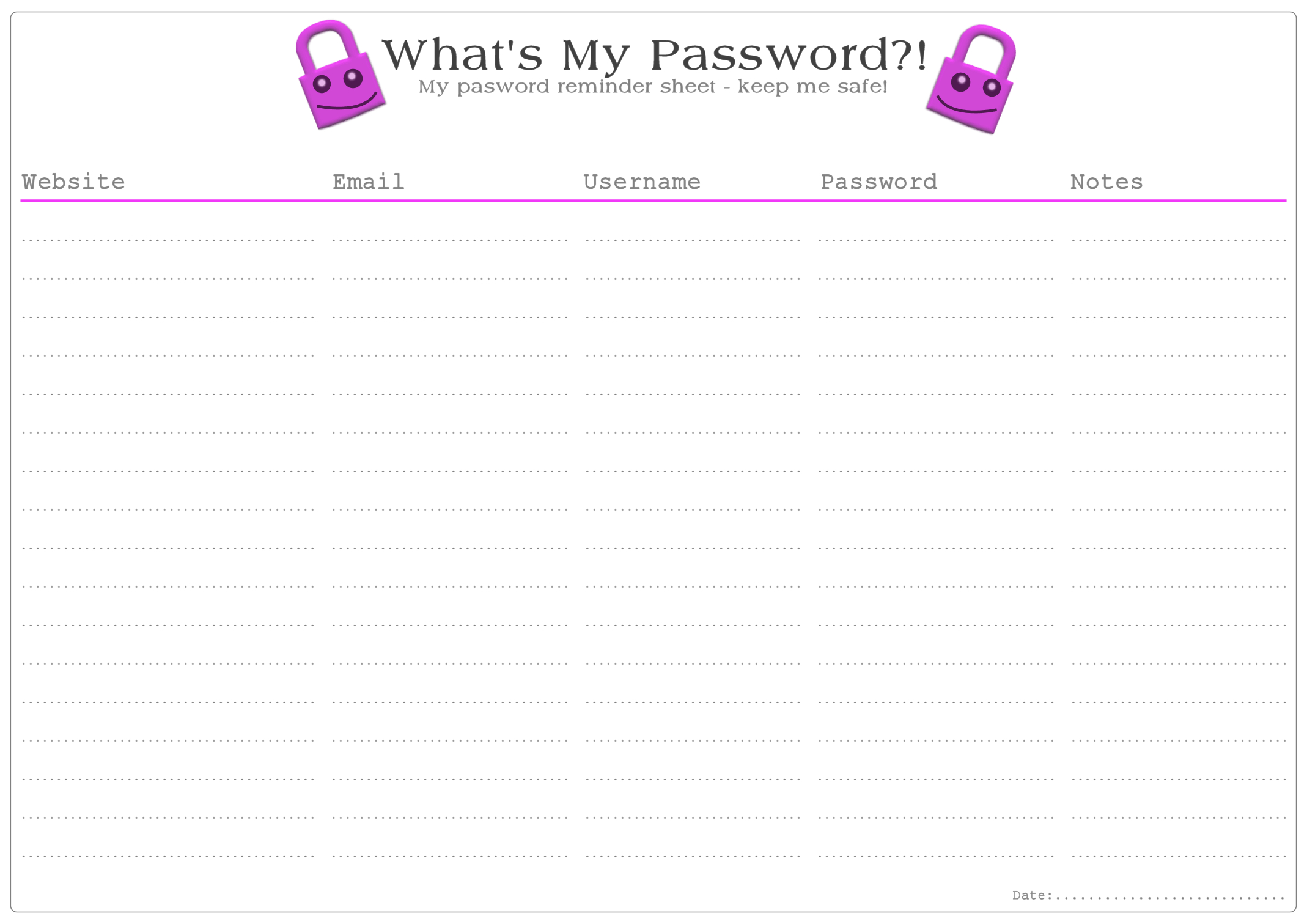 What&#039;s My Password?! Reminder Sheet  Free Printable throughout Free Printable Password Sheet