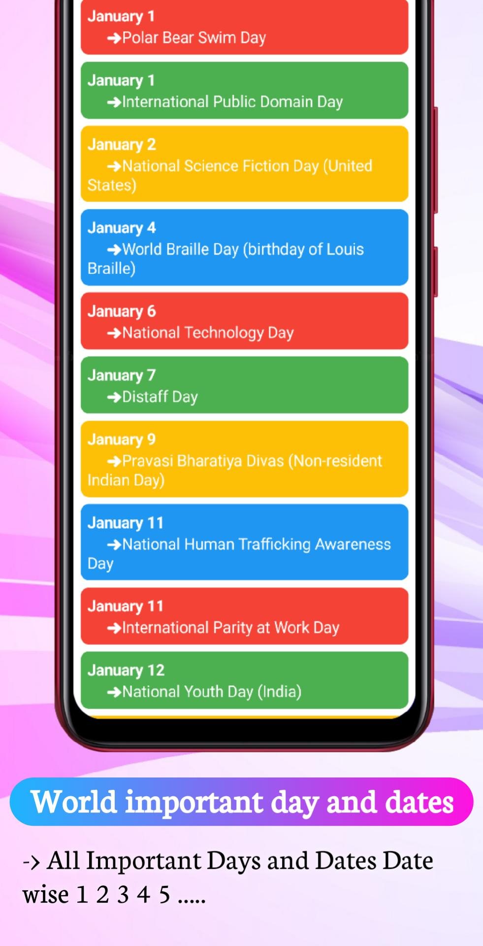 World Important Days &amp; Dates Для Андроид  Скачать Apk with International Days In January