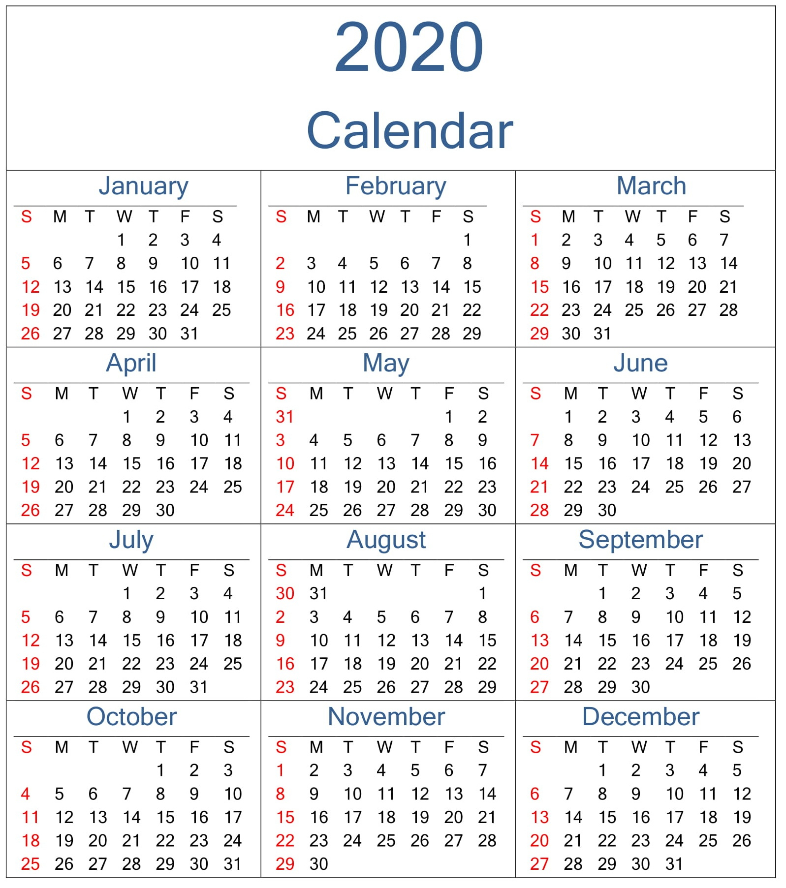 Yearly 2020 Calendar Excel Template  Latest Printable with 2020 Excel Calendar Free