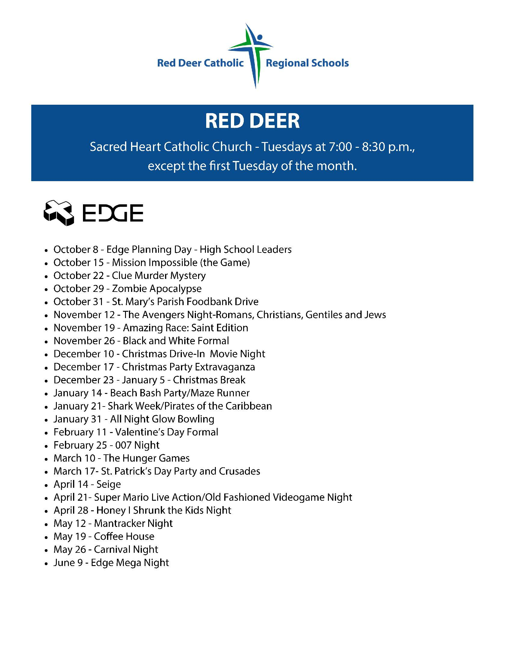 Youth Ministry Events | Red Deer Catholic Regional Schools for Red Deer School Calendar