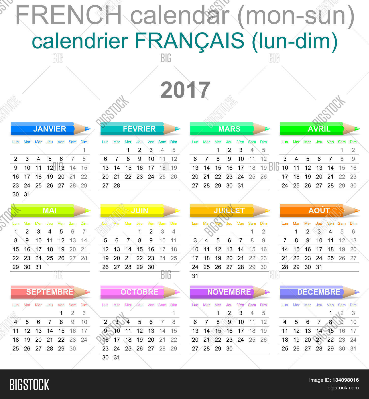 2017 Crayons Calendar Image &amp; Photo (Free Trial) | Bigstock with Monday To Sunday Calendar