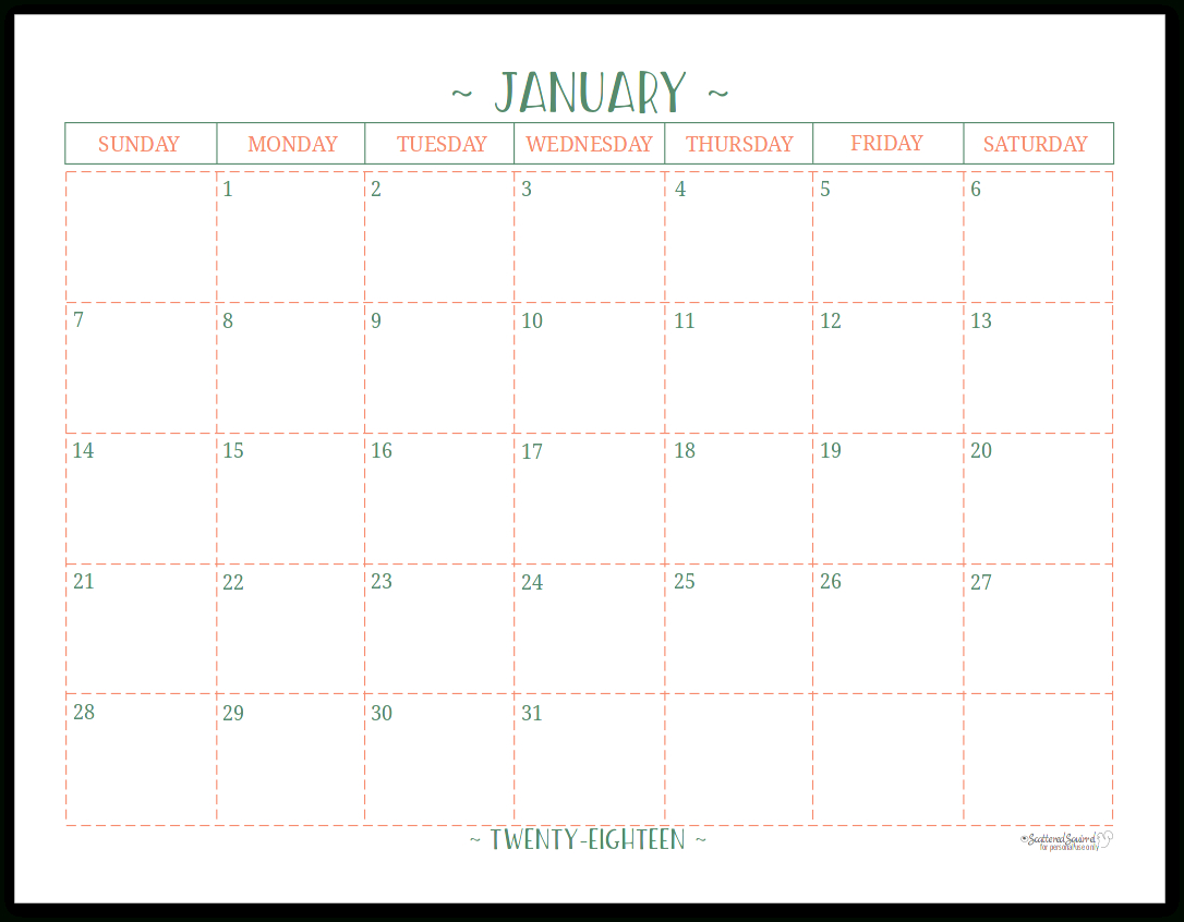 2018 Dated Monthly Calendars  Single Page Edition for Scattered Squirrel Monthly Calendar