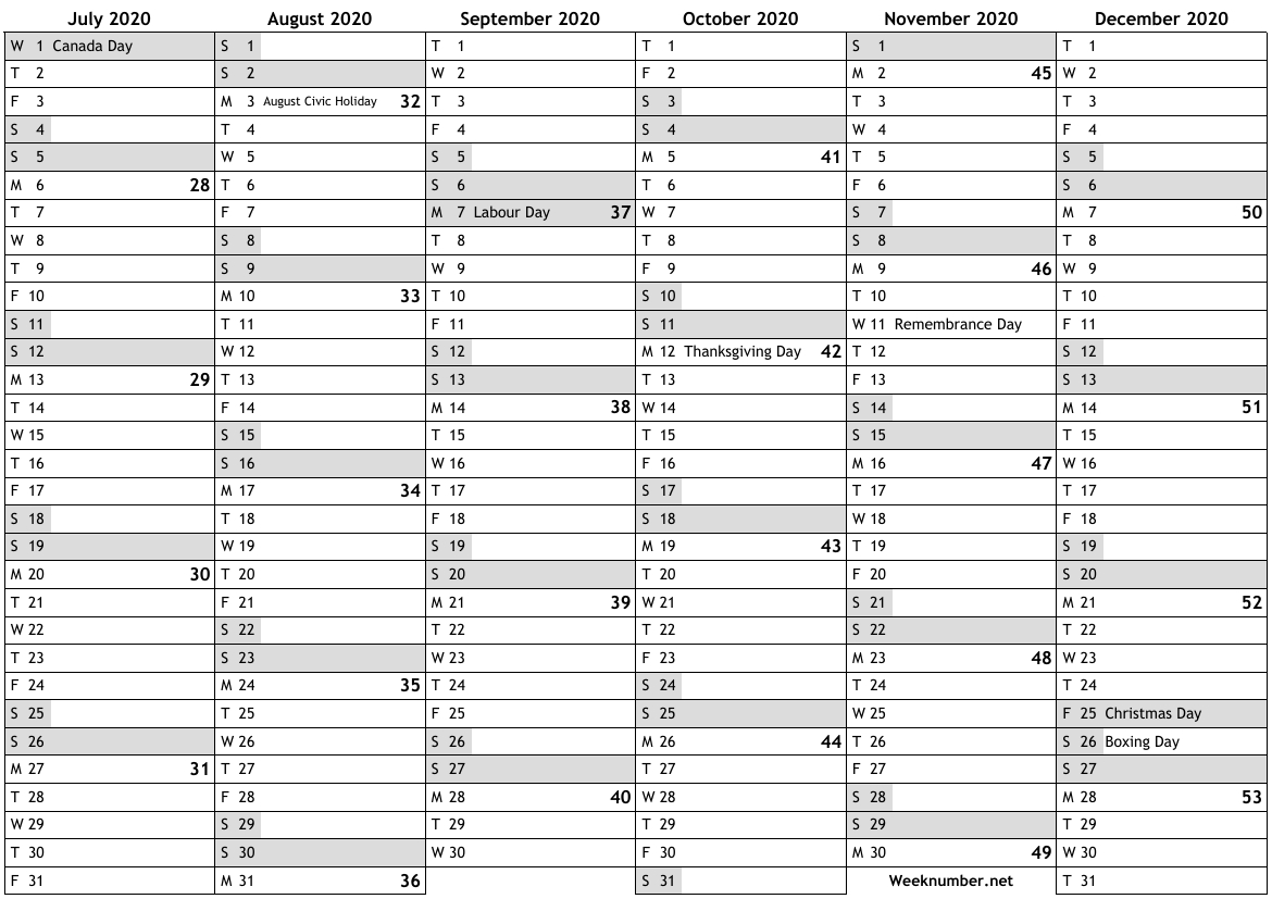 2020 Calendar With Week Numbers And Holidays For Canada throughout Calendarsquick 5 Day
