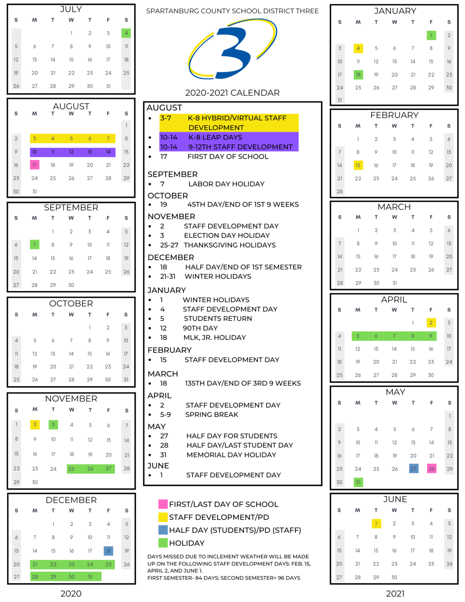 20202021 Calendar pertaining to Spartanburg School District 3 Calendar