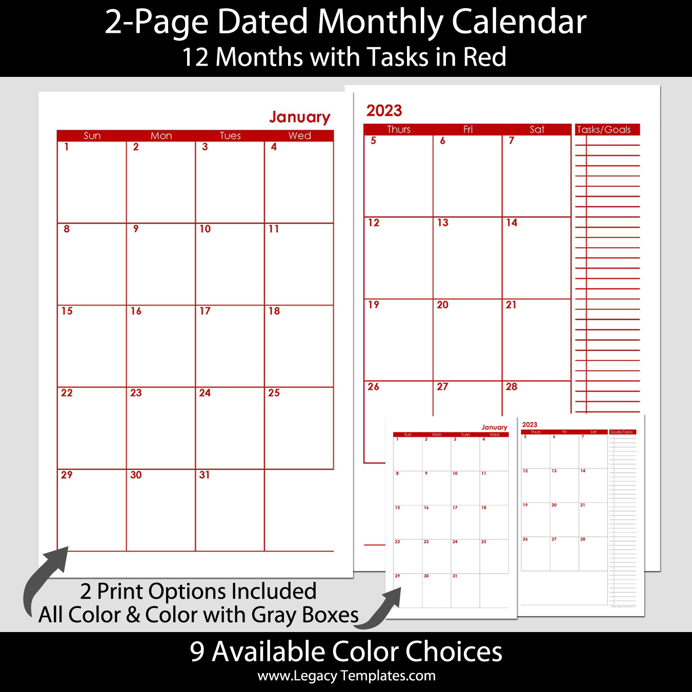 2Page Dated Monthly Calendar In Red 5.5 X 8.5 | Legacy within 5.5 X 8.5 Calendar Template