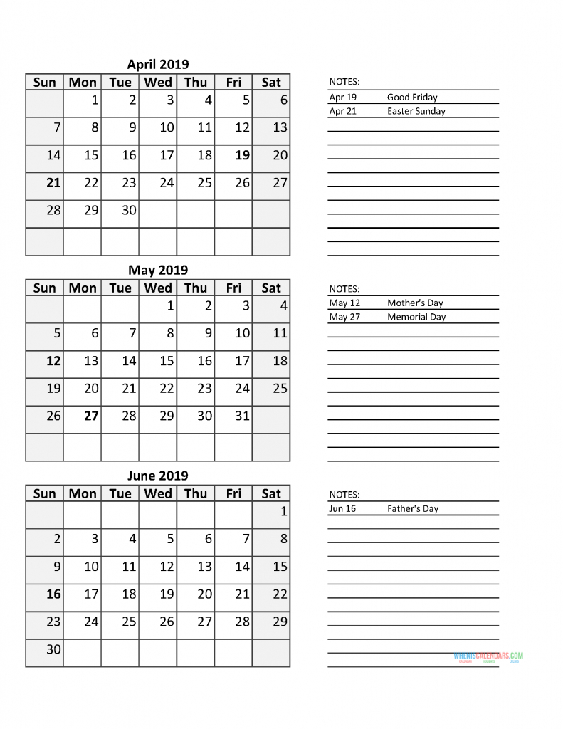 3 Month Calendar 2019 Quarterly Calendar Second Quarter pertaining to 3 Month Blank Calendar Template