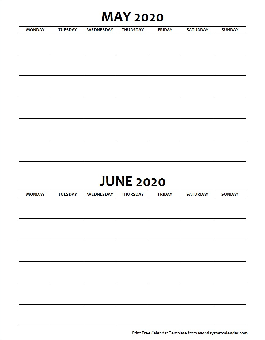 Blank May June 2020 Calendar Monday Start | Two Months Template for Monday Through Saturday Calendar