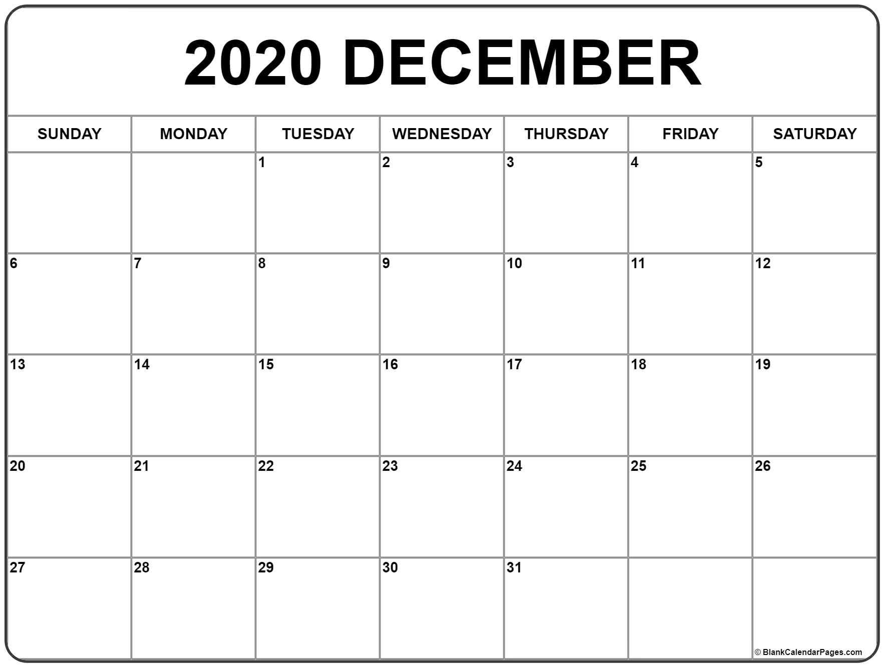 December 2020 Calendar | Free Printable Monthly Calendars with regard to Free Printable Bill Calendar