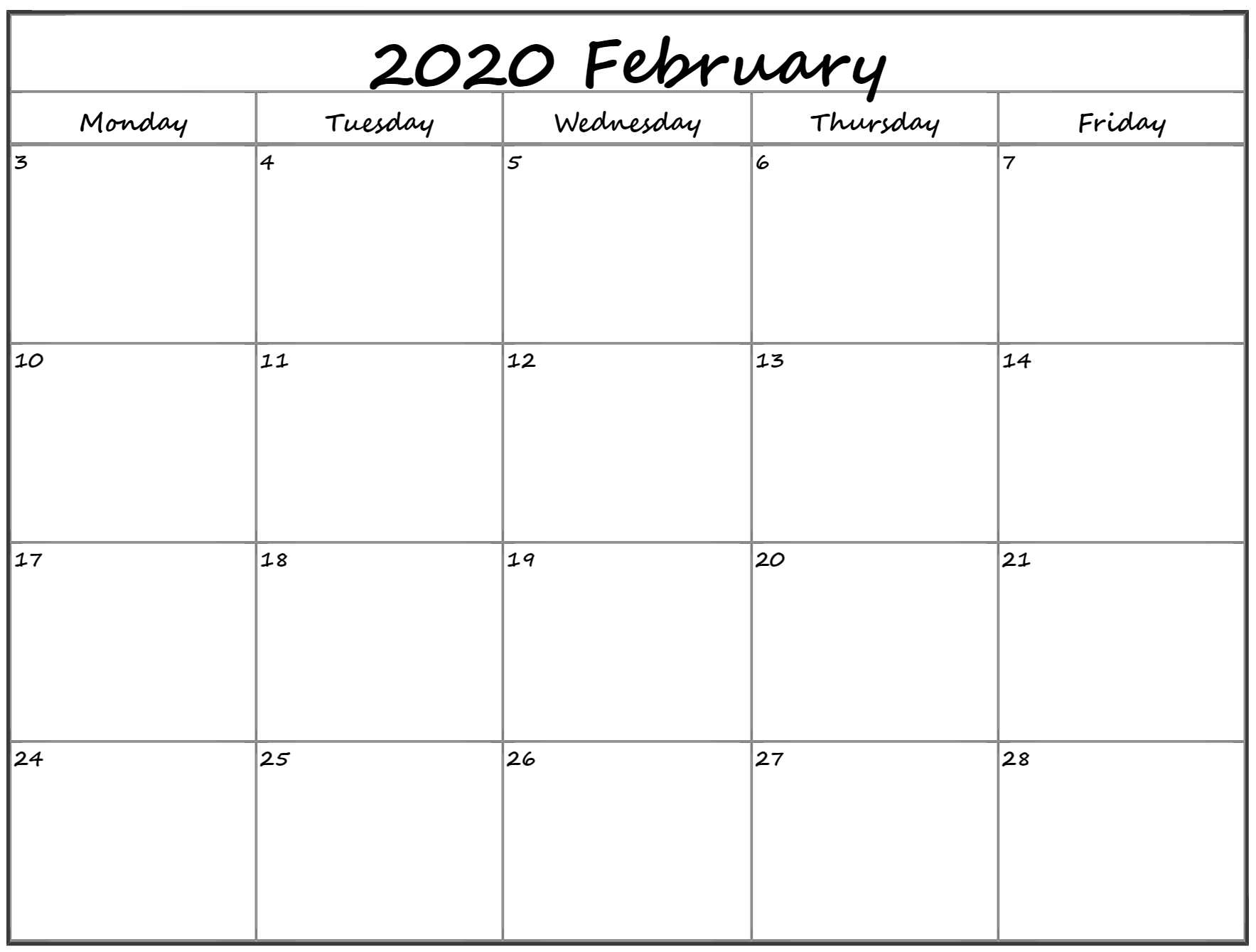 February 2020 Monday Calendar | Monday To Sunday in Free Printable Monday Through Friday Calendar