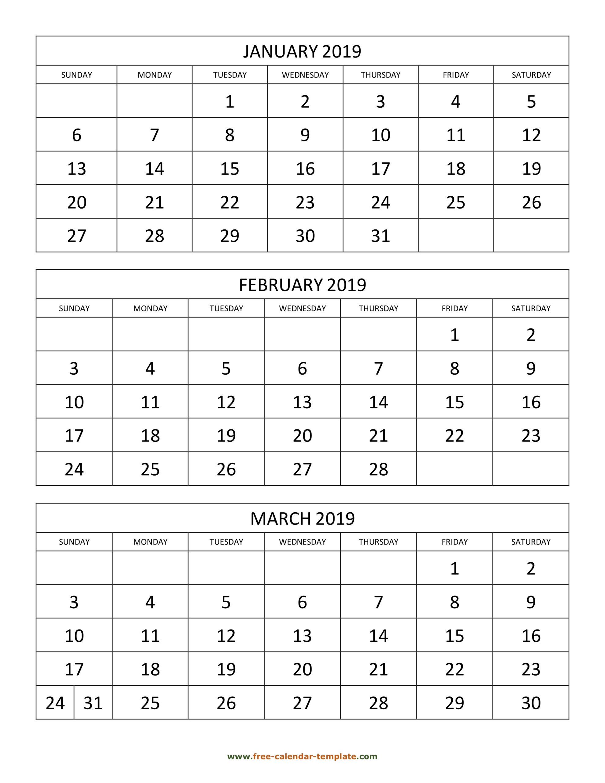 Free Monthly Calendar 2019, 3 Months Per Page (Vertical throughout 3 Month Calendar Template