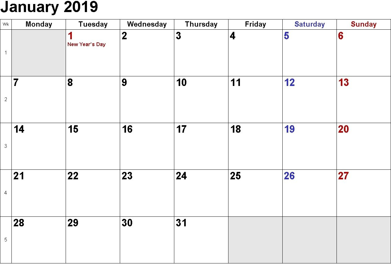Monday Through Friday Calendar Template January 2019 with regard to Monday Through Friday Calendar Template Excel