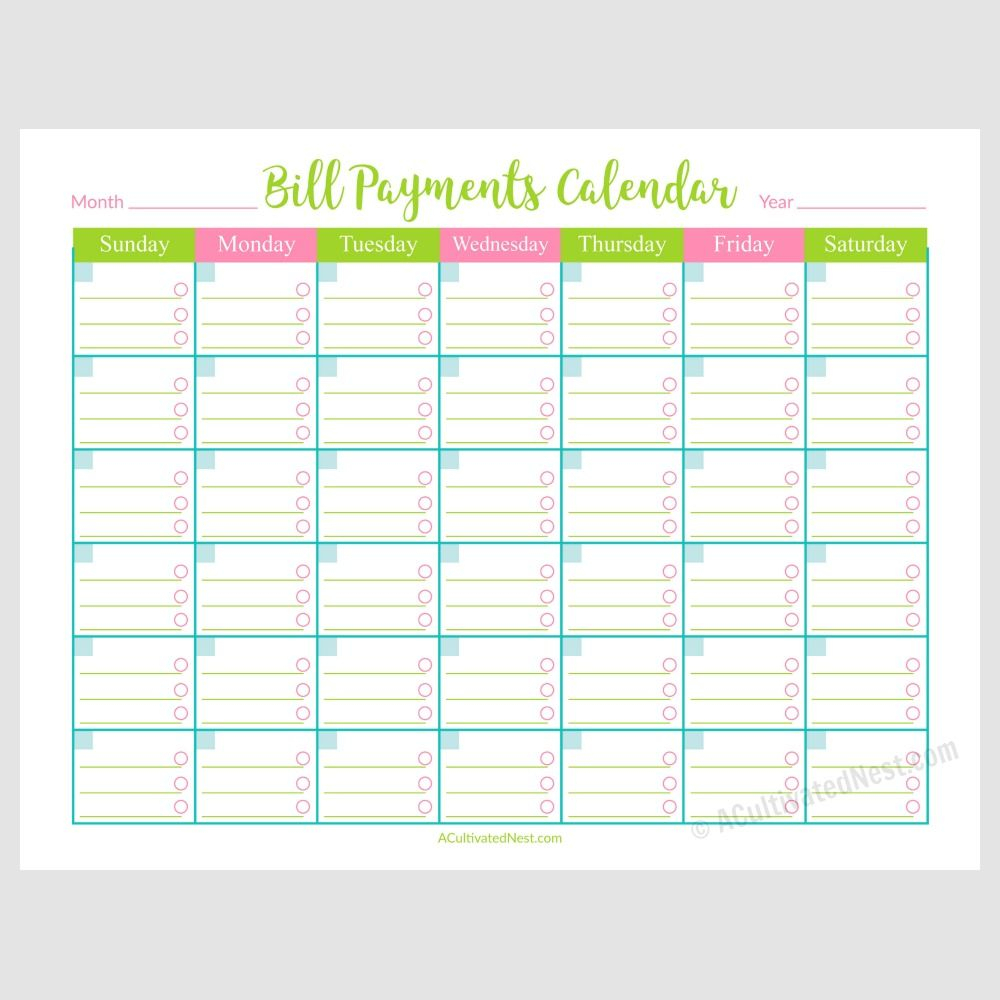 Printable Bill Payments Calendar A Cultivated Nest | Bill inside Monthly Bill Calendar Template